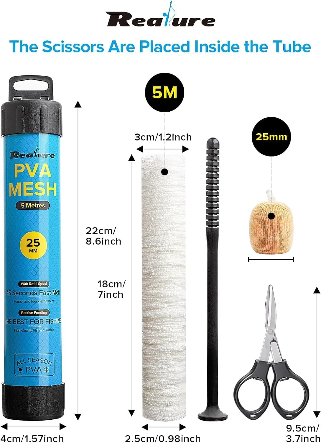 5M PVA Mesh Kit with Scissors 18mm 25mm 37mm 44mm Wide PVA Mesh Carp Fishing Accessories with Funnel & Plunger System Fast Melt PVA Mesh Bag Fishing Refill for Boilie Bait Feeding (5M, 25mm)