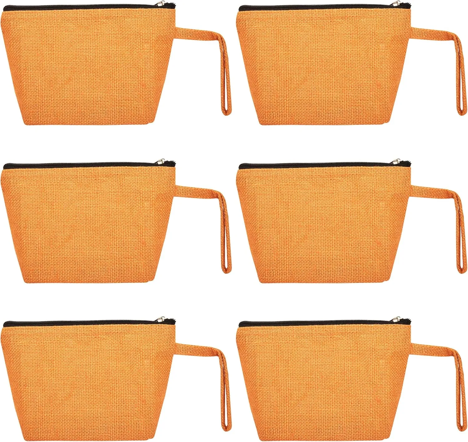 6-Pack Orange Colour Jute Organizer Bags – Multipurpose Zippered Pouches for Makeup, Toiletries & Travel | Sturdy Flat Bottom, Laminated Interior – 5.11" H x 7.88" L x 2.55" B