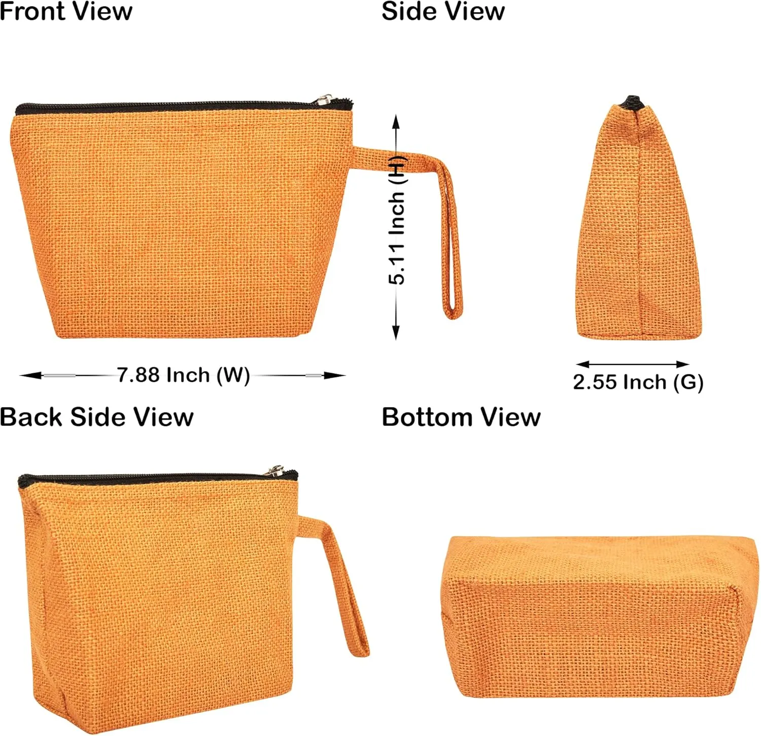 6-Pack Orange Colour Jute Organizer Bags – Multipurpose Zippered Pouches for Makeup, Toiletries & Travel | Sturdy Flat Bottom, Laminated Interior – 5.11" H x 7.88" L x 2.55" B