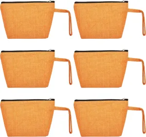 6-Pack Orange Colour Jute Organizer Bags – Multipurpose Zippered Pouches for Makeup, Toiletries & Travel | Sturdy Flat Bottom, Laminated Interior – 5.11" H x 7.88" L x 2.55" B