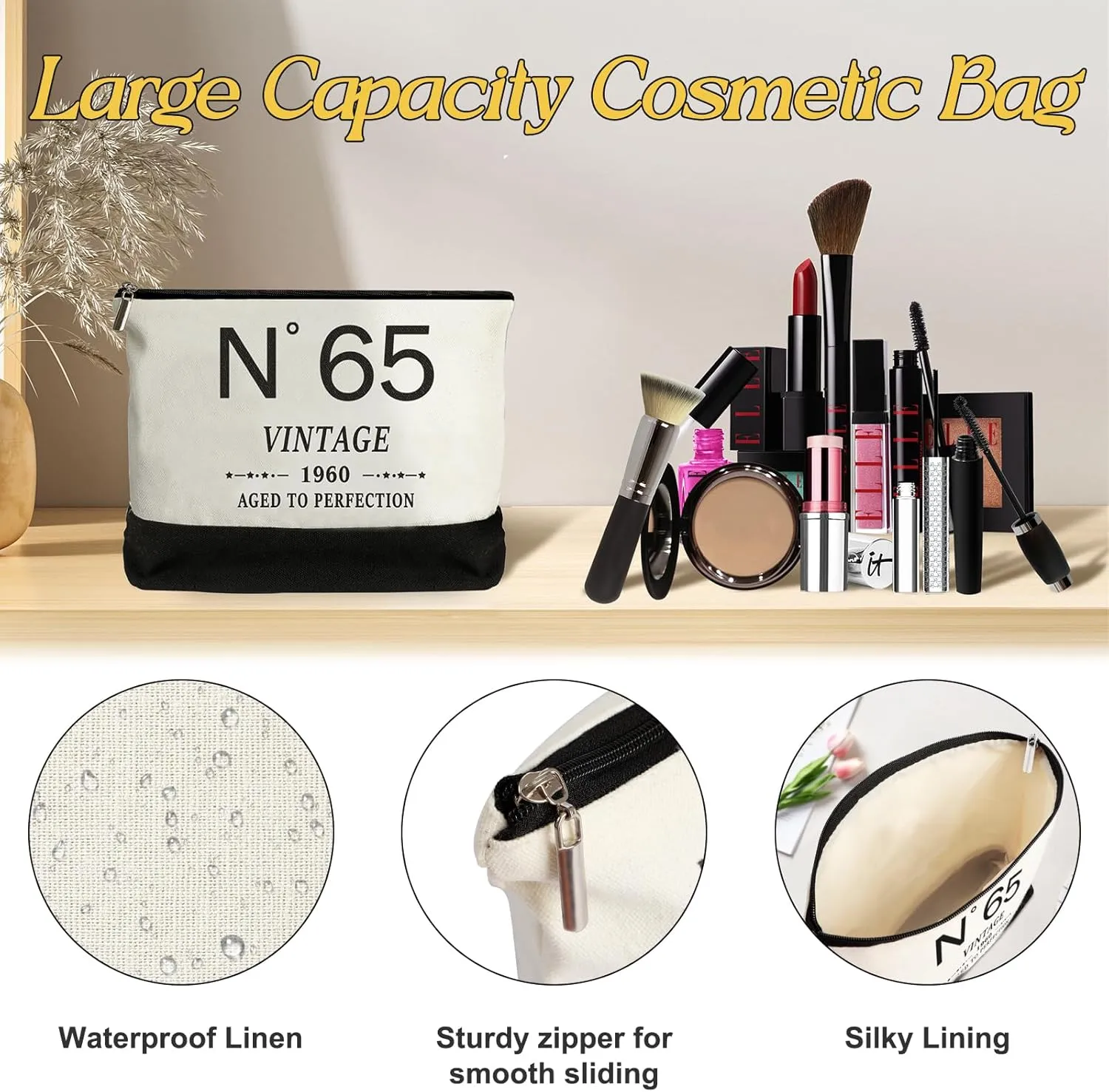 65th Birthday Gifts for Women Canvas Tote Bag Travel Gear, Unique 65 Years Old Gifts for Wife Sister Mom Aunt Friends Her, Vintage N°65 Handbag & Cosmetic Bag & Back in 1960 Poster
