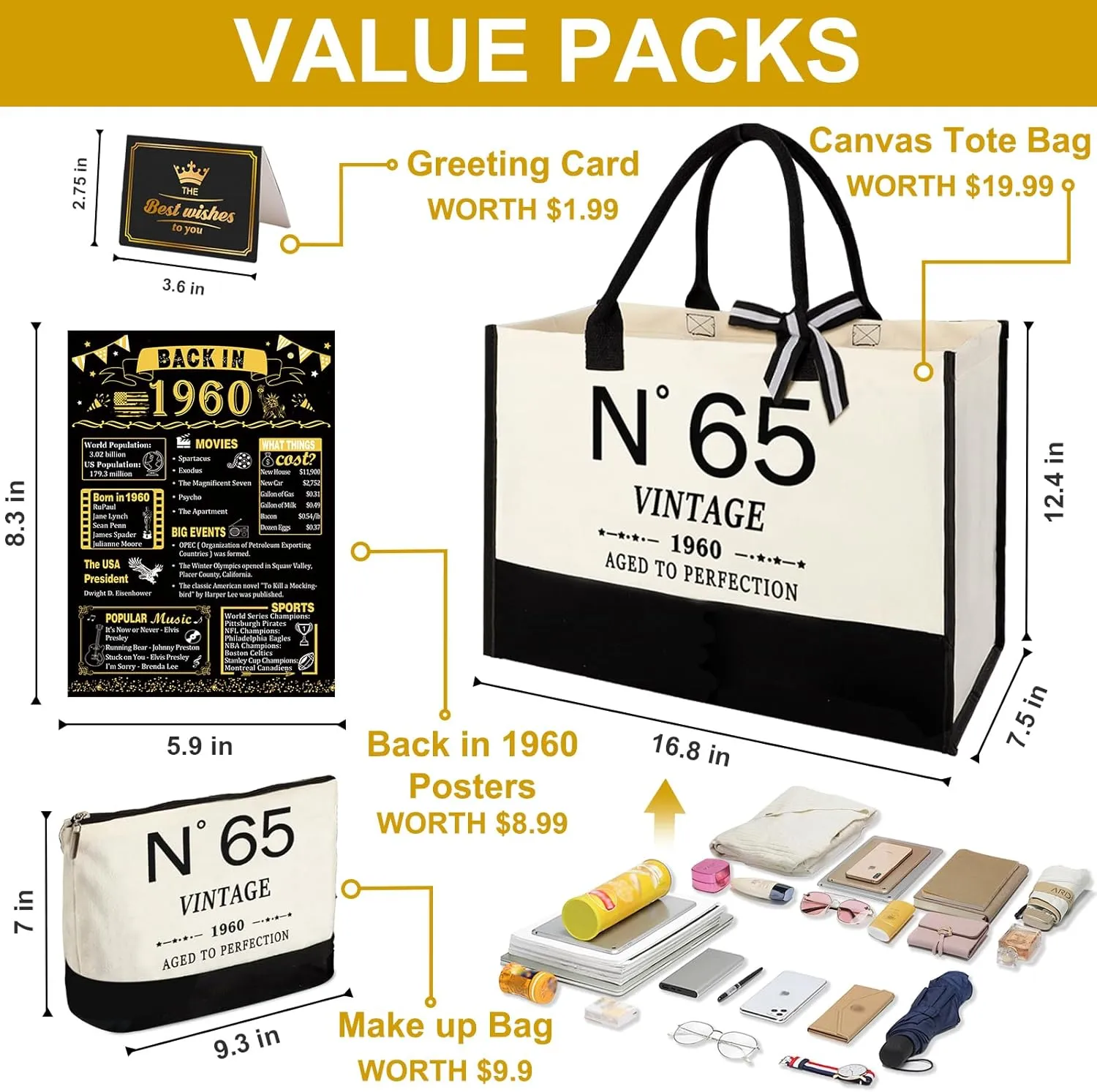 65th Birthday Gifts for Women Canvas Tote Bag Travel Gear, Unique 65 Years Old Gifts for Wife Sister Mom Aunt Friends Her, Vintage N°65 Handbag & Cosmetic Bag & Back in 1960 Poster
