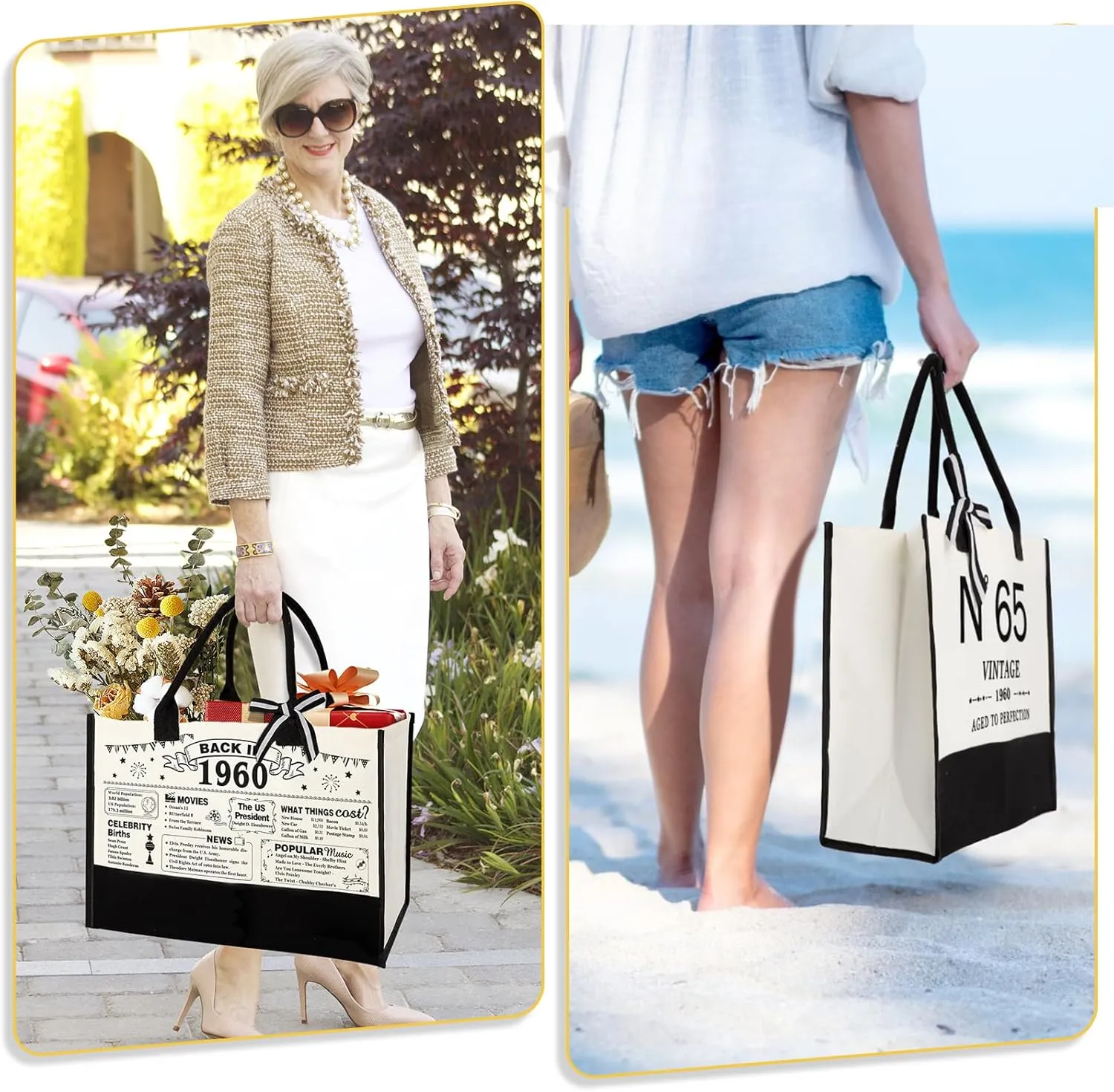 65th Birthday Gifts for Women Canvas Tote Bag Travel Gear, Unique 65 Years Old Gifts for Wife Sister Mom Aunt Friends Her, Vintage N°65 Handbag & Cosmetic Bag & Back in 1960 Poster