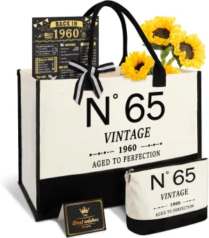 65th Birthday Gifts for Women Canvas Tote Bag Travel Gear, Unique 65 Years Old Gifts for Wife Sister Mom Aunt Friends Her, Vintage N°65 Handbag & Cosmetic Bag & Back in 1960 Poster