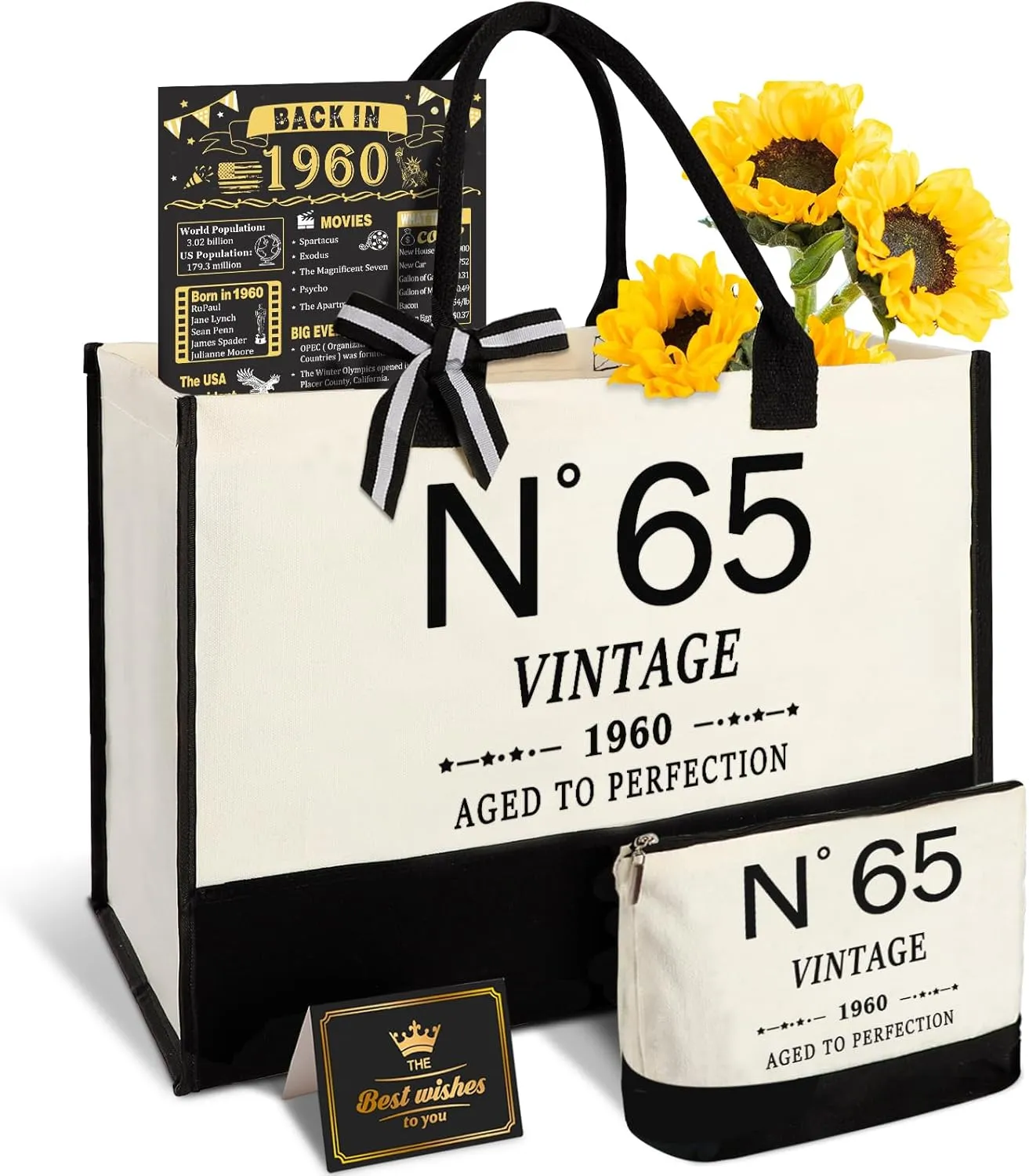 65th Birthday Gifts for Women Canvas Tote Bag Travel Gear, Unique 65 Years Old Gifts for Wife Sister Mom Aunt Friends Her, Vintage N°65 Handbag & Cosmetic Bag & Back in 1960 Poster