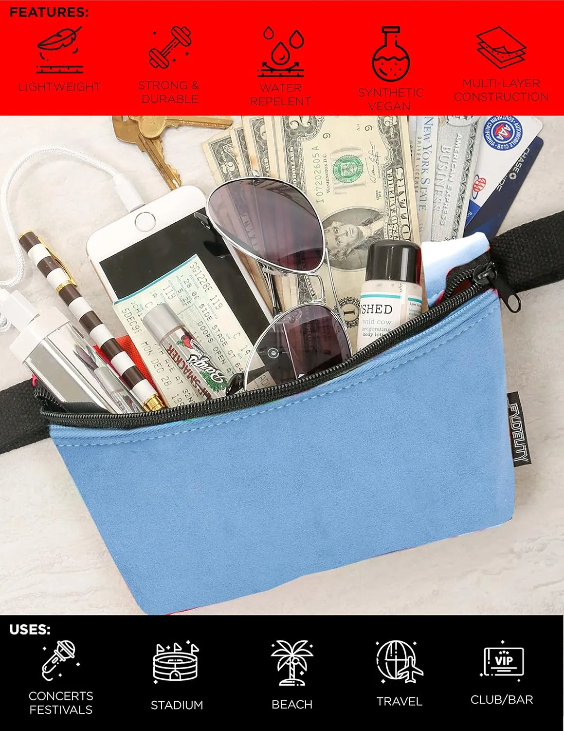 70s SUEDE LT BLUE Fanny Pack Crossbody Bags for Women Festival Bag Small Cute Fanny Packs for Women Fashionable Concert Rave Accessories Fanny Pack for Men Womens Fashion Waist Hip Bum Slim