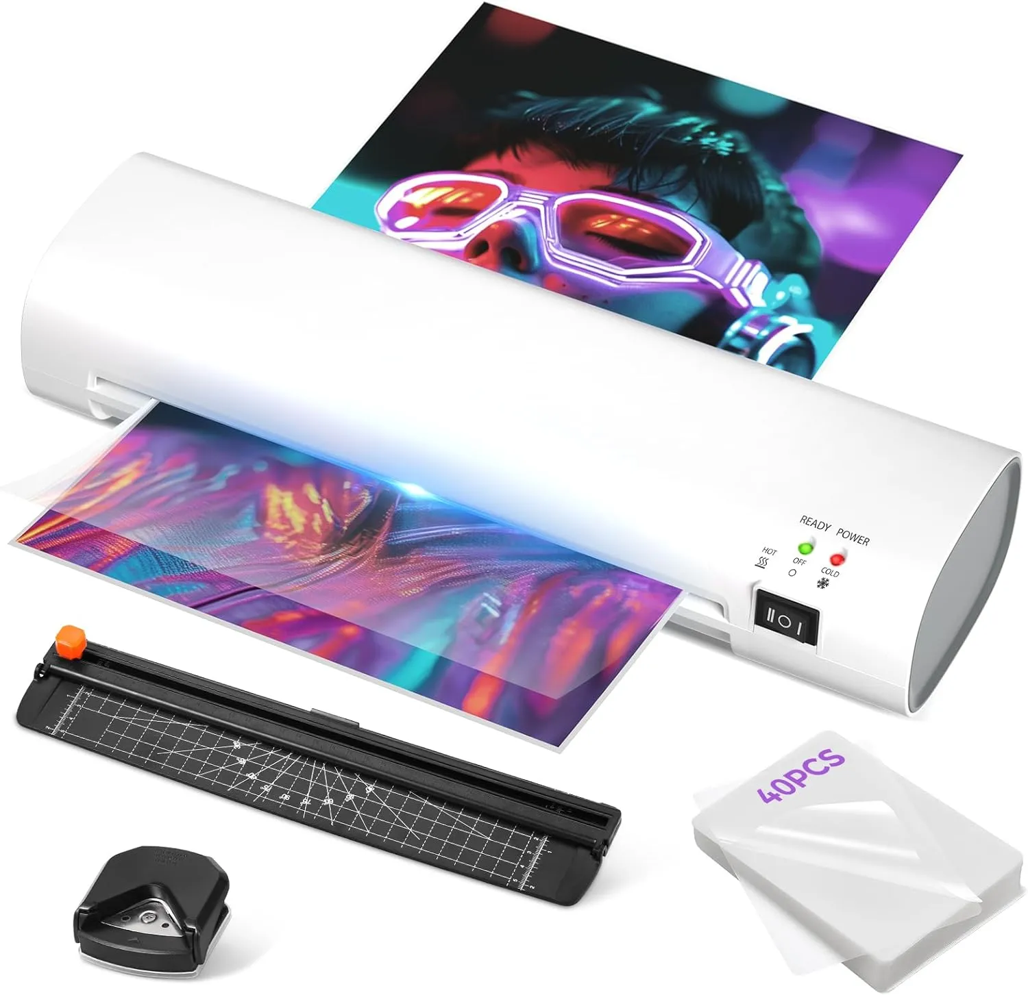 9 Inch Laminator Machine with Never Jam Technology, 40 Laminating Sheets, 4-in-1 A4 Thermal Laminator with Trimmer and Corner Rounder for Office, School, Business and Home Use - White