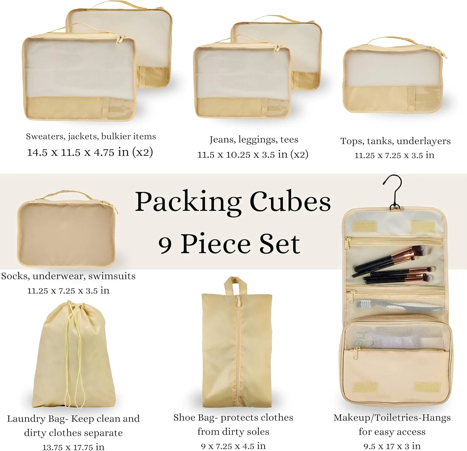 9 Piece Set Packing Cubes - Suitcase Organizer, Cute Packing Cubes, Travel Bag Organizer Luggage, Toiletry & Makeup Bag, Gifts for Women, Teachers and Gradutes -Gold
