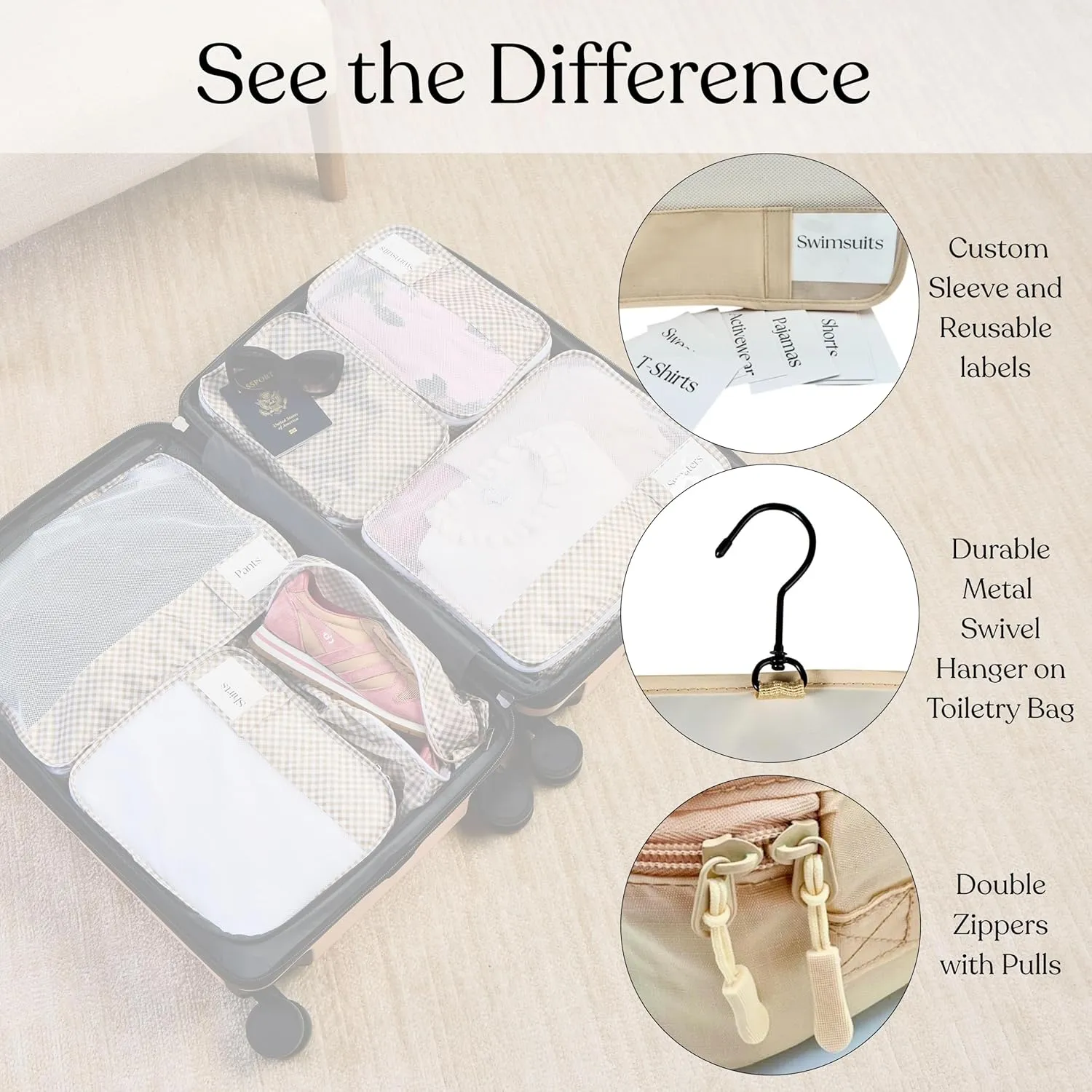9 Piece Set Packing Cubes - Suitcase Organizer, Cute Packing Cubes, Travel Bag Organizer Luggage, Toiletry & Makeup Bag, Gifts for Women, Teachers and Gradutes -Gold