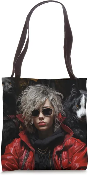 90s Inspired Streetwear Hip-Hop Woman in Red Leather Jacket Tote Bag