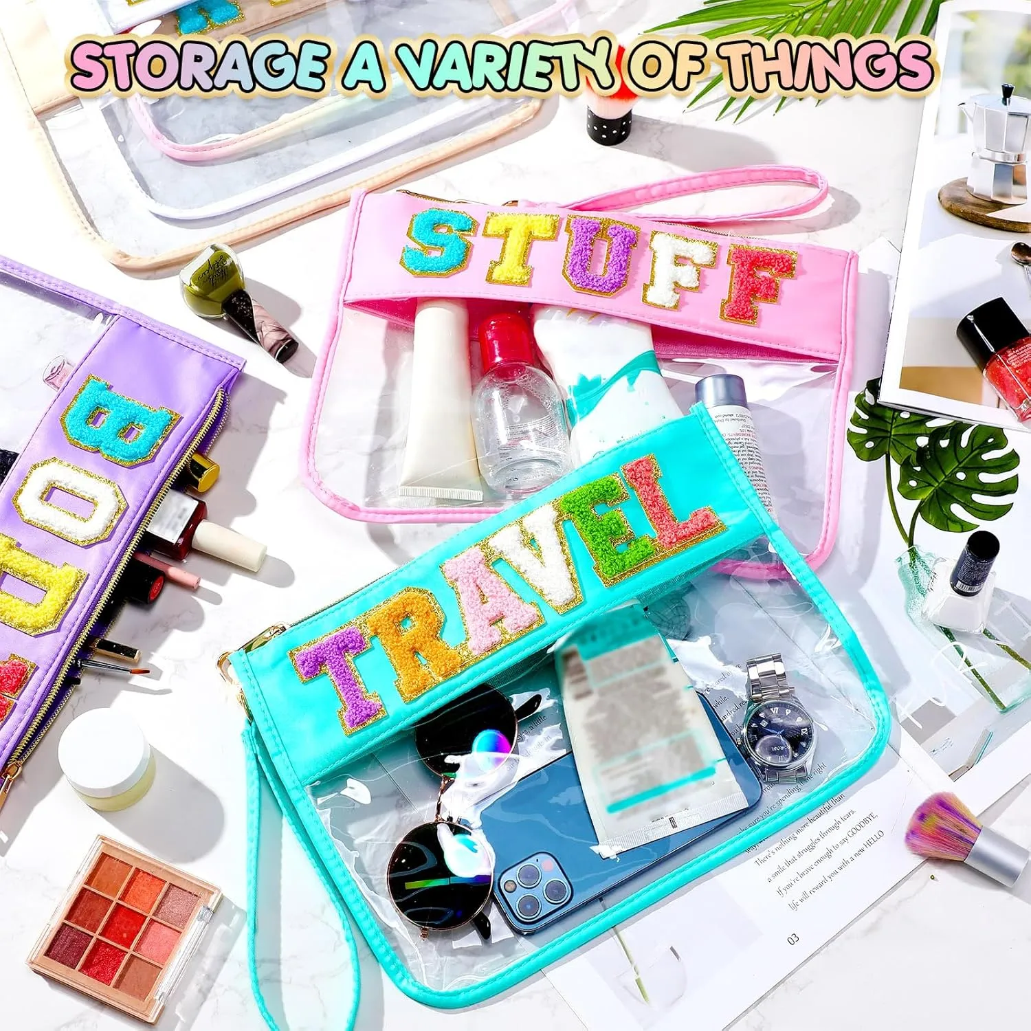 Abbylike 6 Pcs Chenille Letter Clear Zipper Pouch Summer Waterproof Cosmetic Pouch Travel Gym Beach Hawaii Bag Travel Patch Purse Makeup Letter Bag for Women Girls, 6 Colors(Macaron Colors,Cute)