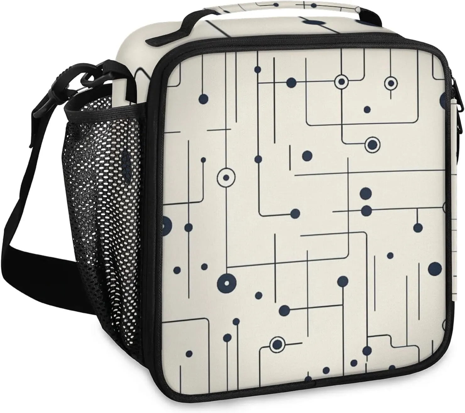 Abstract Lines Kids Insulated Lunch Box Circuit Geometric Reusable Lunch Bag with Adjustable Shoulder Strap Leakproof Thermal Cooler Tote for Boys Girls School Travel Picnic