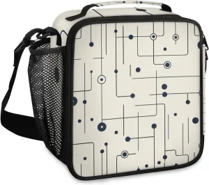 Abstract Lines Kids Insulated Lunch Box Circuit Geometric Reusable Lunch Bag with Adjustable Shoulder Strap Leakproof Thermal Cooler Tote for Boys Girls School Travel Picnic