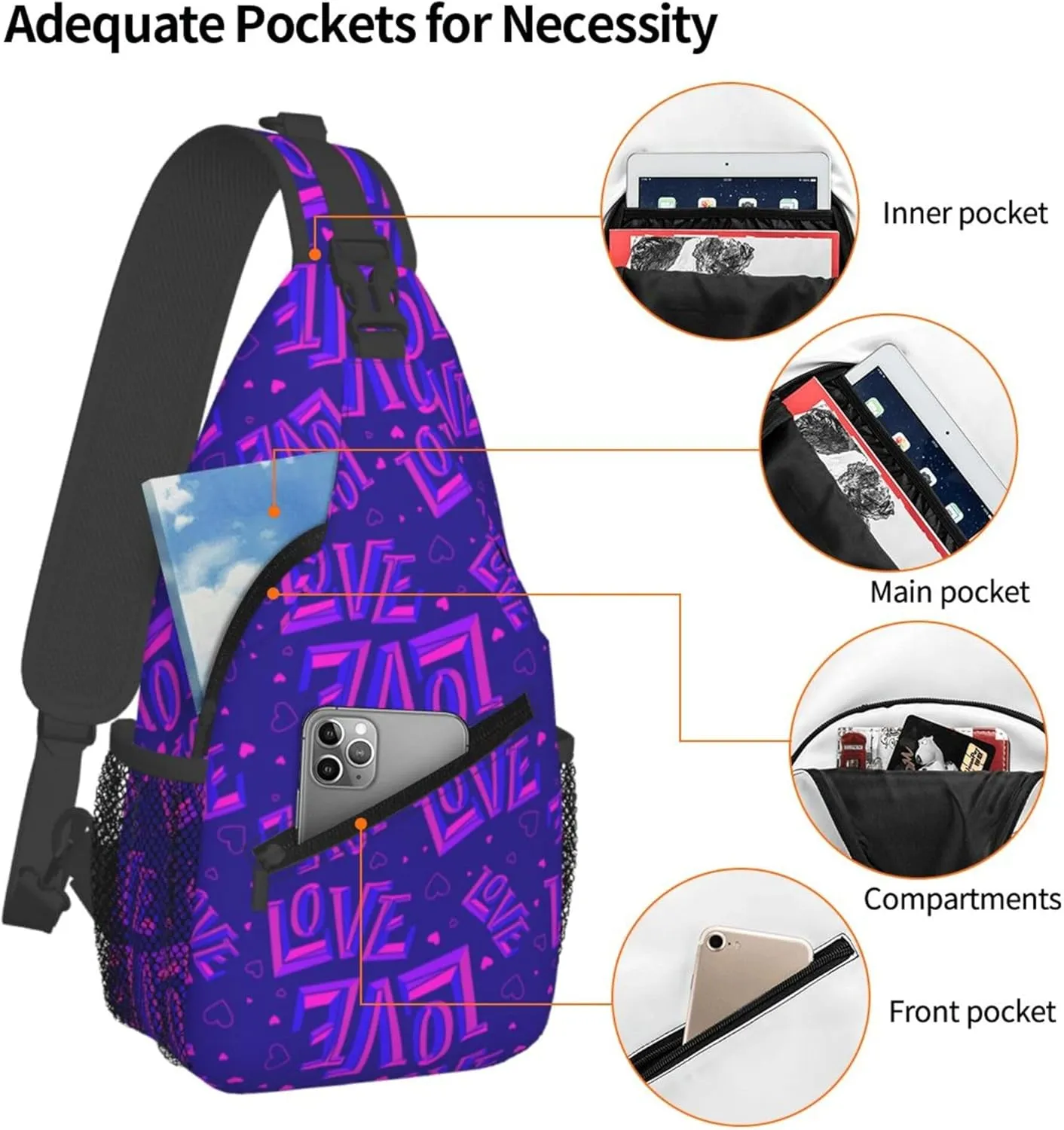 Abstract Lover Purple Pattern Sling Backpack Crossbody Bag, Chest Bag Daypack for Outdoors Hiking Traveling