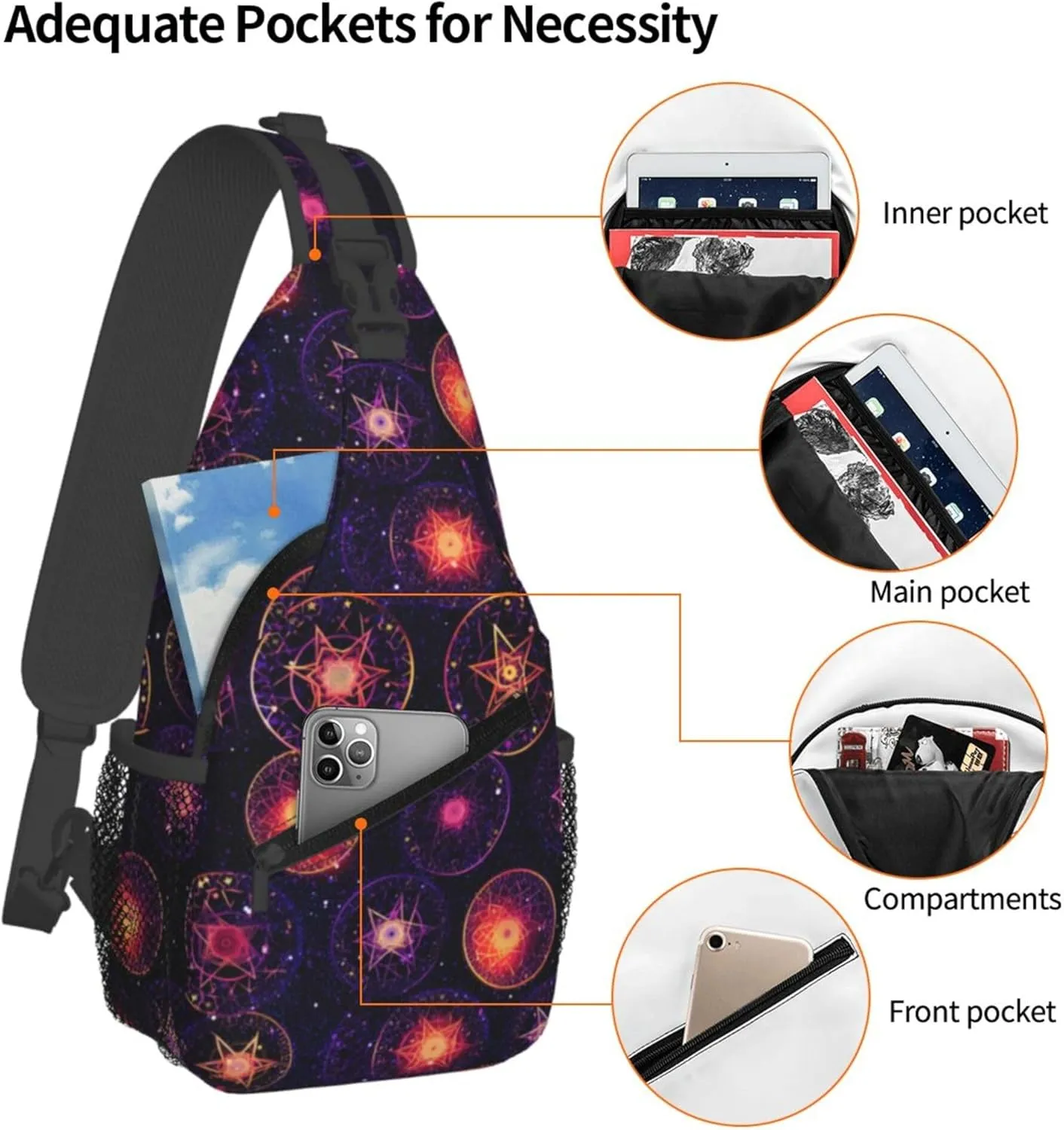 Abstract Stars Circles Sling Backpack Crossbody Bag, Chest Bag Daypack for Outdoors Hiking Traveling