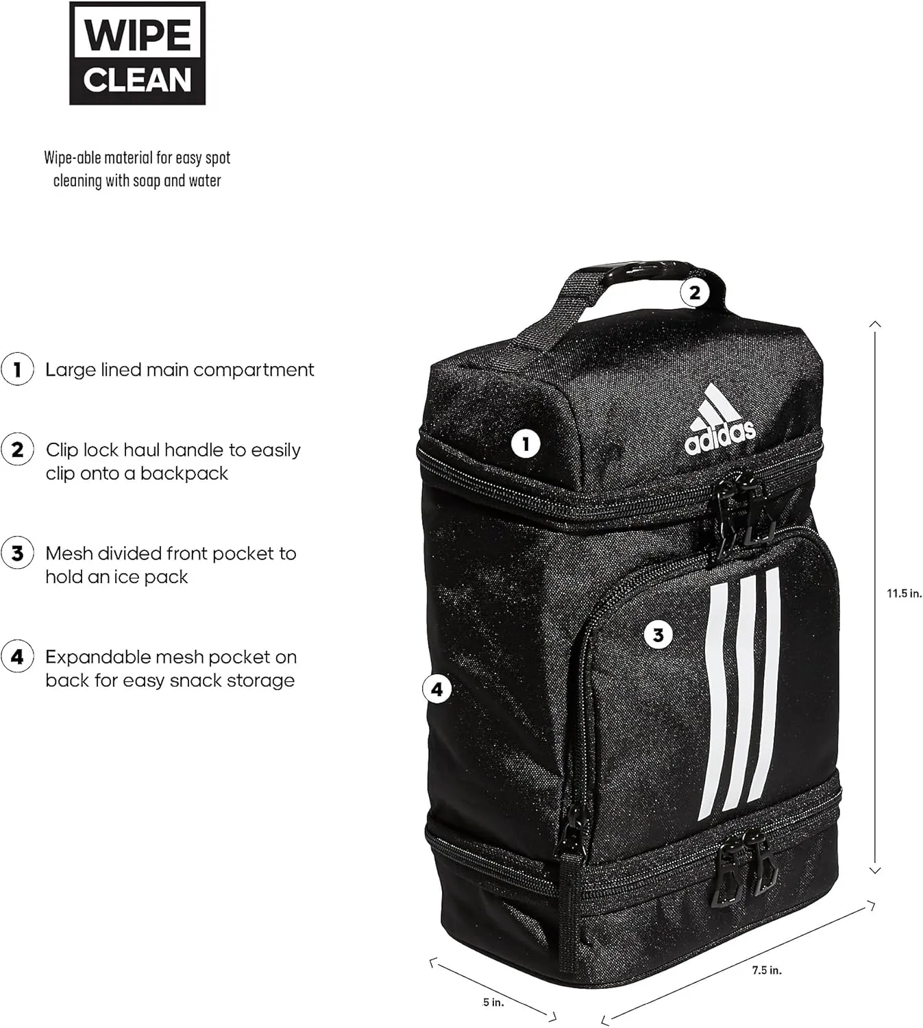 adidas Excel Insulated Lunch Bag, Cooler with Zipper, Pocket for Ice Pack, and Clip, Temperature Control Insulation,Black/White,One Size