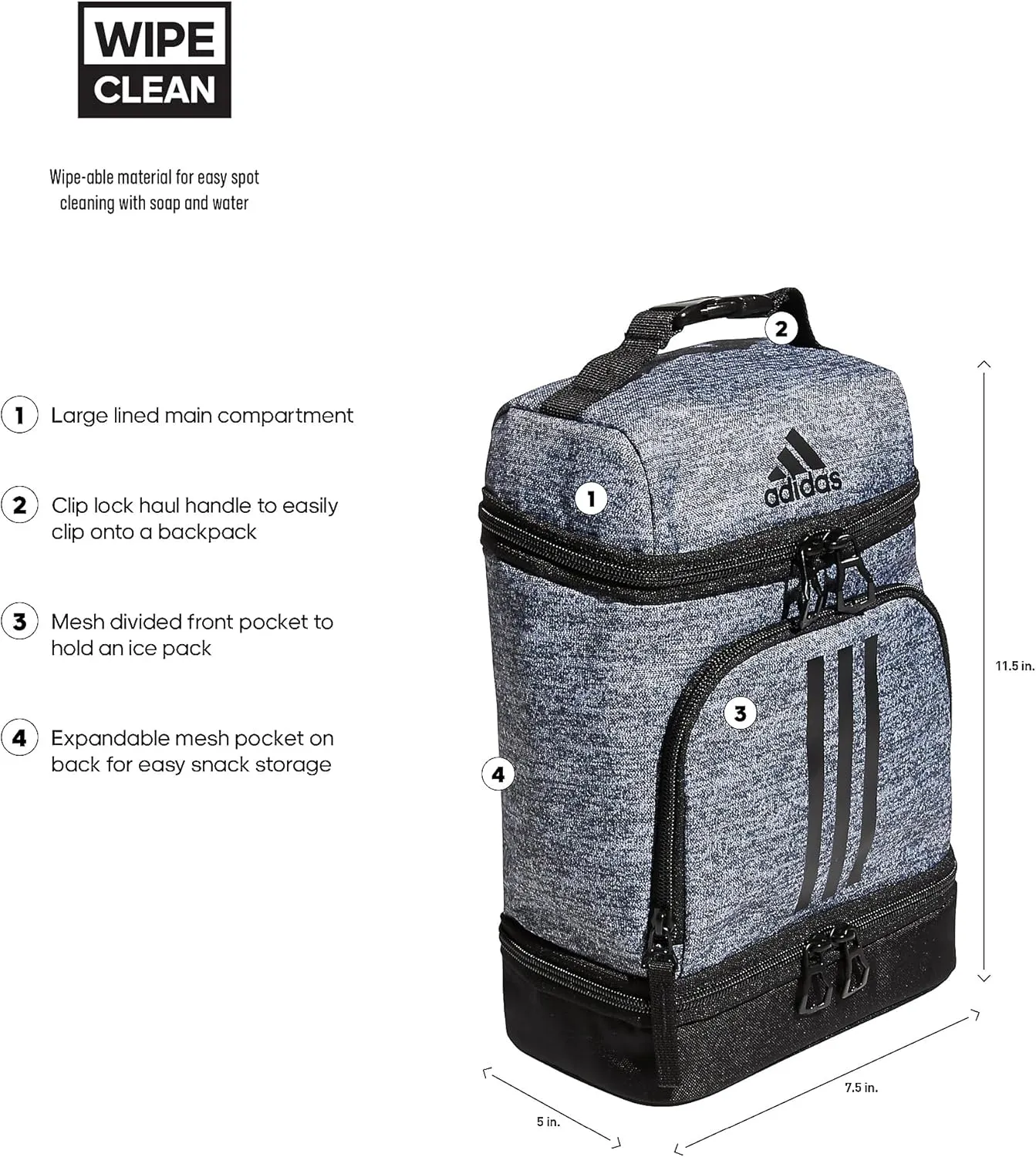 adidas Excel Insulated Lunch Bag, Cooler with Zipper, Pocket for Ice Pack, and Clip, Temperature Control Insulation,Jersey Onix Grey/Black,One Size