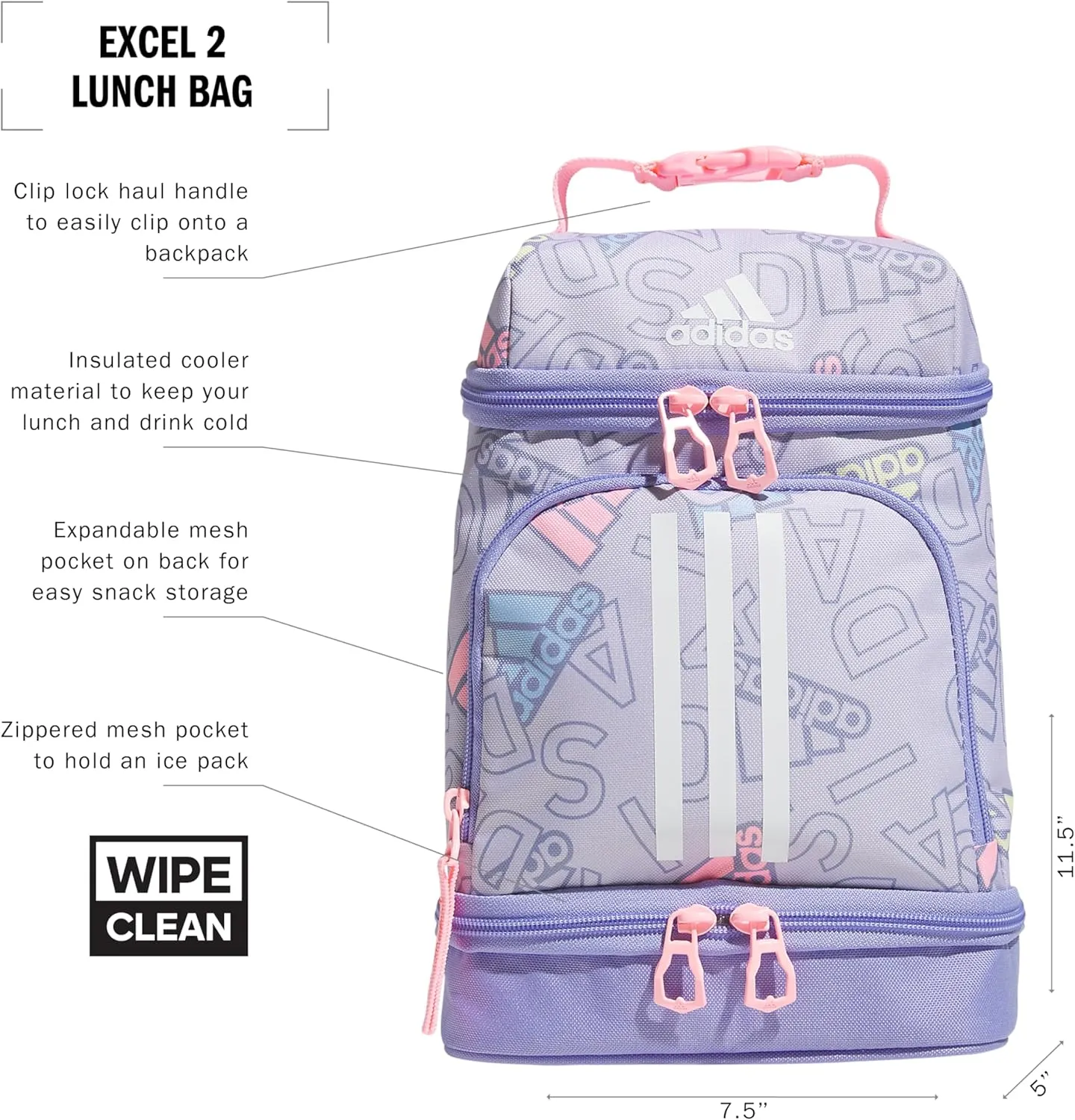 adidas Excel Lunch Bag, Cooler with Zipper, Pocket for Ice Pack, and Clip, Temperature Control Insulation, Adi Comp Silver Violet/Light Purple/Pink Spark, One Size