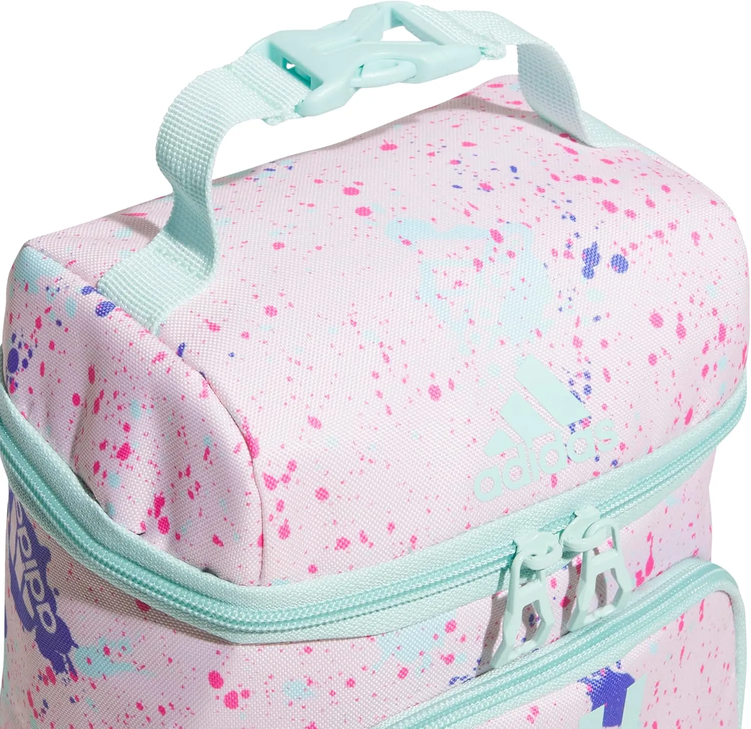 adidas Excel Lunch Bag, Cooler with Zipper, Pocket for Ice Pack, and Clip, Temperature Control Insulation, Splatter Sandy Pink/Semi Flash Aqua Blue, One Size