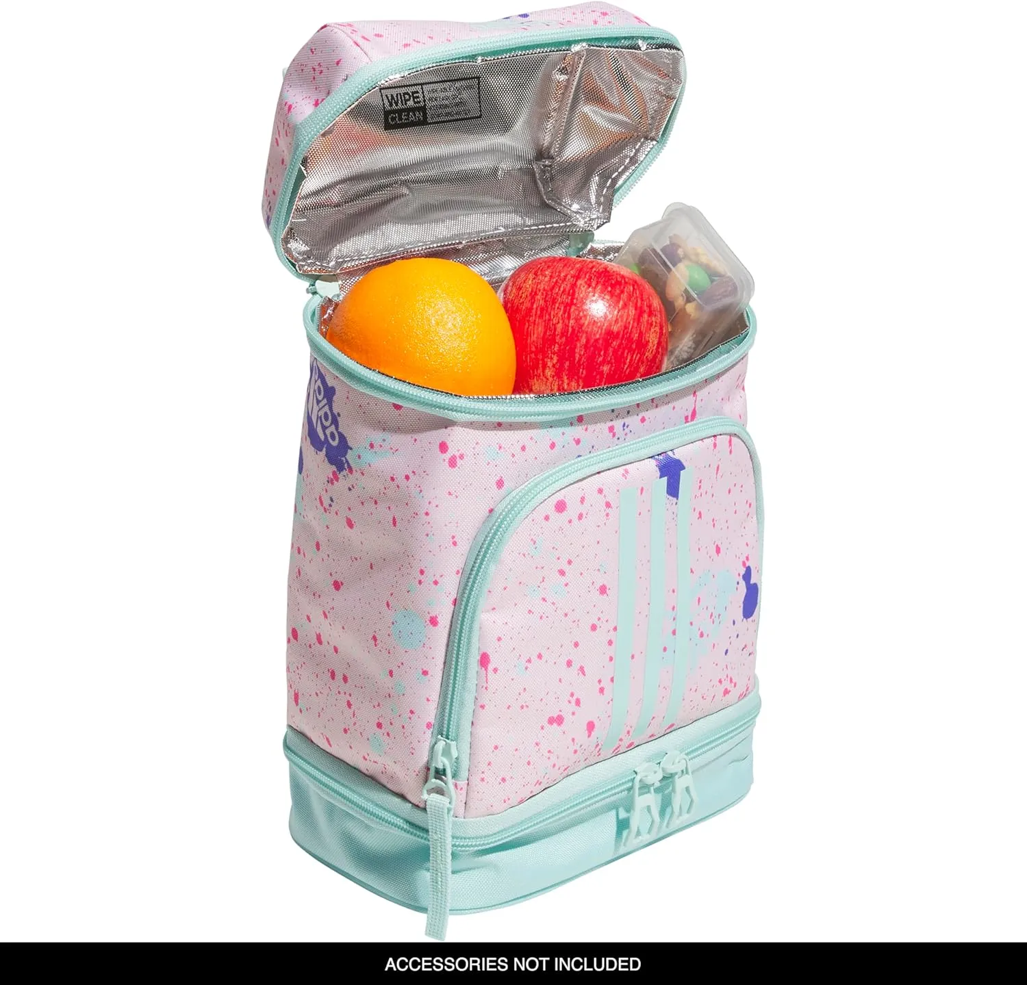 adidas Excel Lunch Bag, Cooler with Zipper, Pocket for Ice Pack, and Clip, Temperature Control Insulation, Splatter Sandy Pink/Semi Flash Aqua Blue, One Size