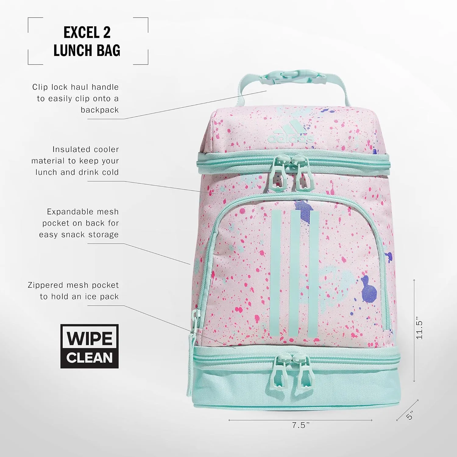 adidas Excel Lunch Bag, Cooler with Zipper, Pocket for Ice Pack, and Clip, Temperature Control Insulation, Splatter Sandy Pink/Semi Flash Aqua Blue, One Size