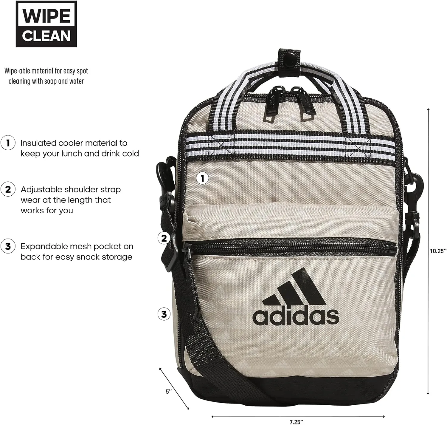 adidas Squad (7L) Food Container Carry Box Insulated Lunch Bag, BOS Mini Monogram Wonder Beige/Black, One Size