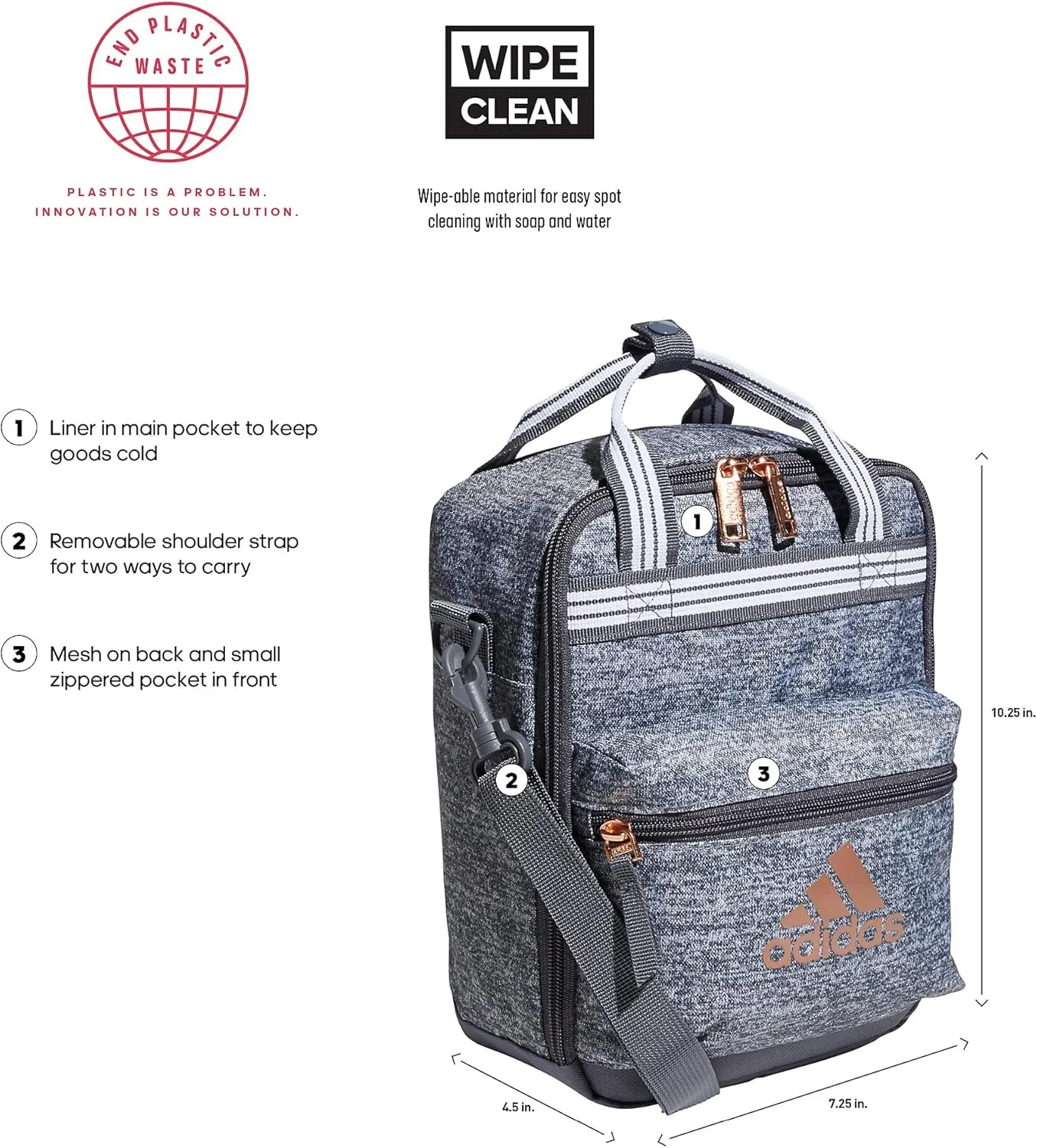 adidas Squad (7L) Food Container Carry Box Insulated Lunch Bag, Jersey Onix Grey/Rose Gold, One Size