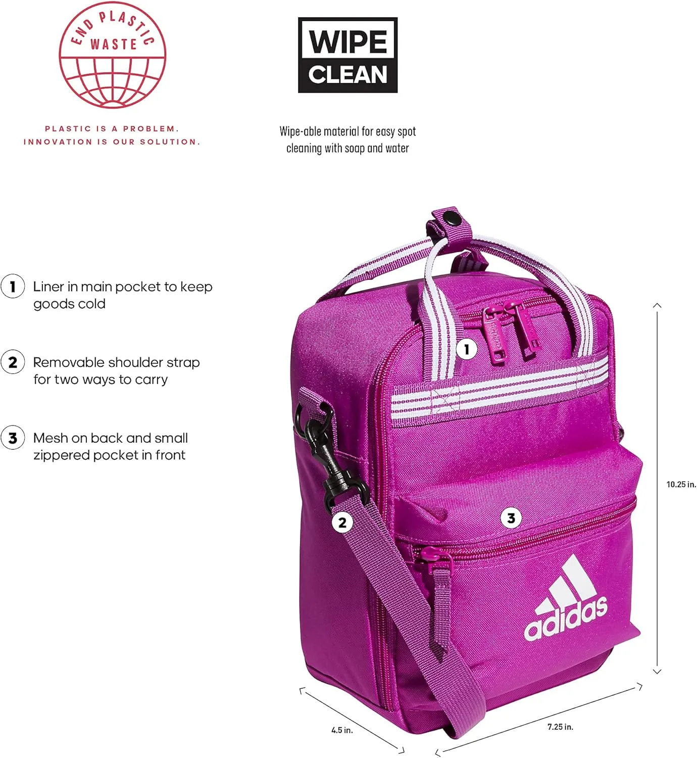 adidas Squad Insulated Lunch Bag (7L) Food Container Carry Box for Kids/Adults Discontinued, Sonic Fuchsia Purple/White, One Size