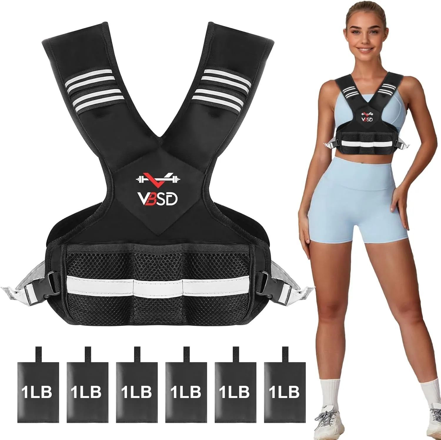 Adjustable Weighted Vest for Men Women, 4-10lb/11-20lb/20-32lb Vest with 6 Ironsand Weights, Body Weight Vest with Reflective Strip for Running, Walking, Strength Training, Workouts