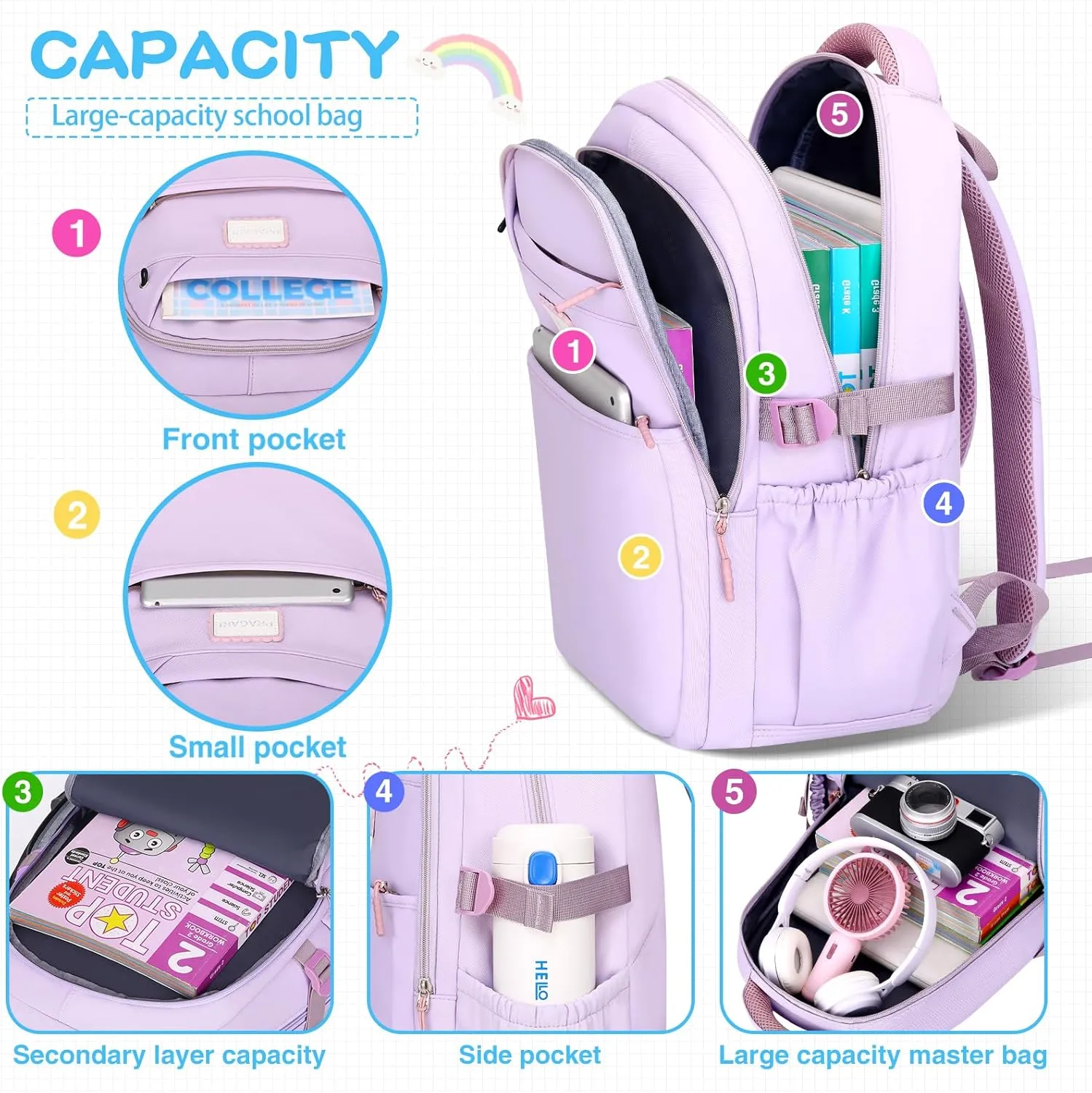 Aesthetic Backpack for School Cute Laptop Purple Backpack Teens Girls Travel Casaul Daypack Lightweight Book Bags