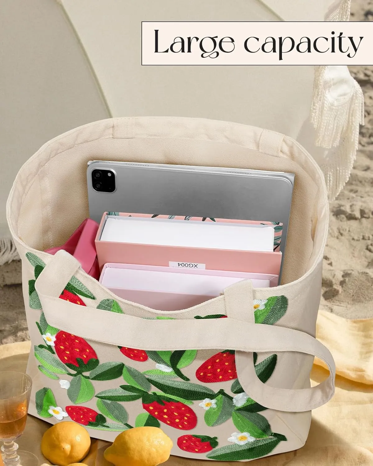 Aesthetic Embroidery Tote Bag for Women - Reusable Canvas Cute Shoulder Bag for Shopping, Grocery, Work, Book