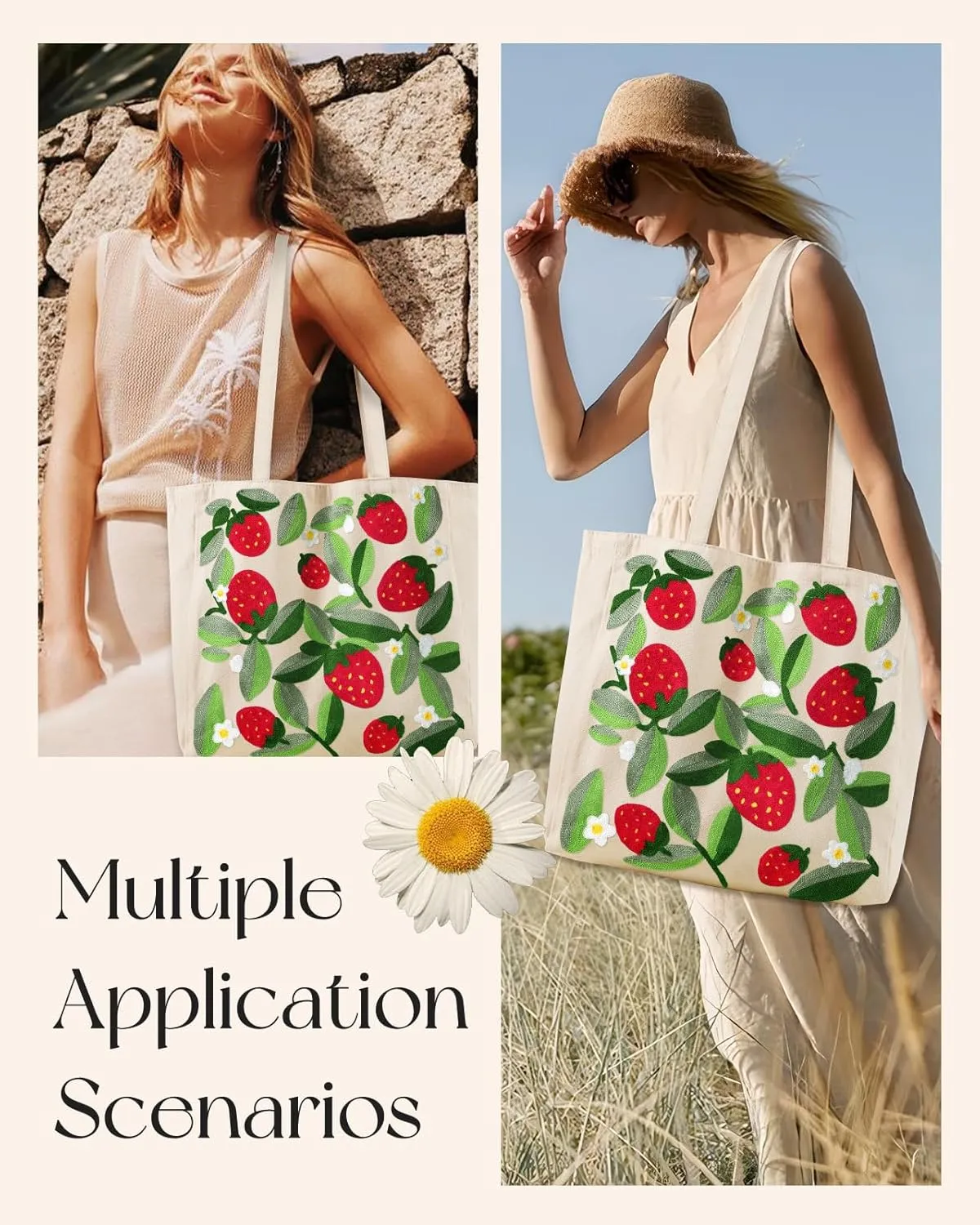 Aesthetic Embroidery Tote Bag for Women - Reusable Canvas Cute Shoulder Bag for Shopping, Grocery, Work, Book