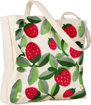 Aesthetic Embroidery Tote Bag for Women - Reusable Canvas Cute Shoulder Bag for Shopping, Grocery, Work, Book