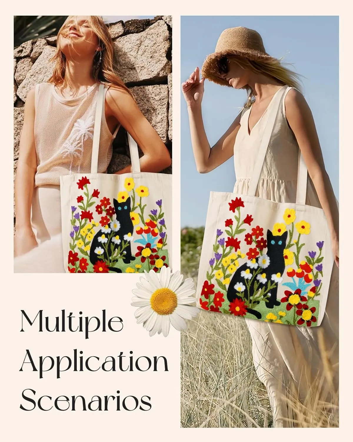 Aesthetic Embroidery Tote Bag for Women - Reusable Canvas Cute Shoulder Bag for Shopping, Grocery, Work, Book