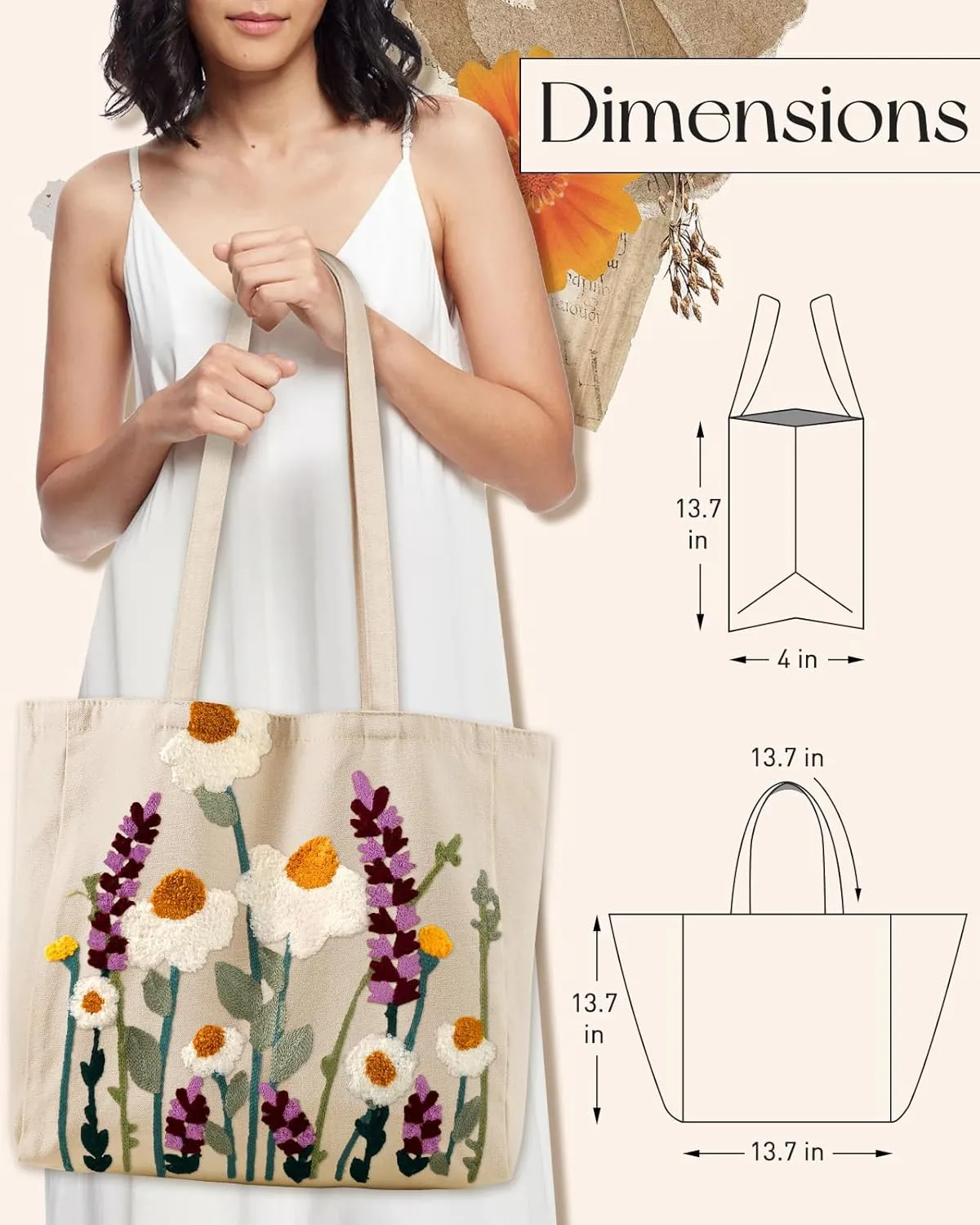 Aesthetic Embroidery Tote Bag for Women - Reusable Canvas Cute Shoulder Bag for Shopping, Grocery, Work, Book