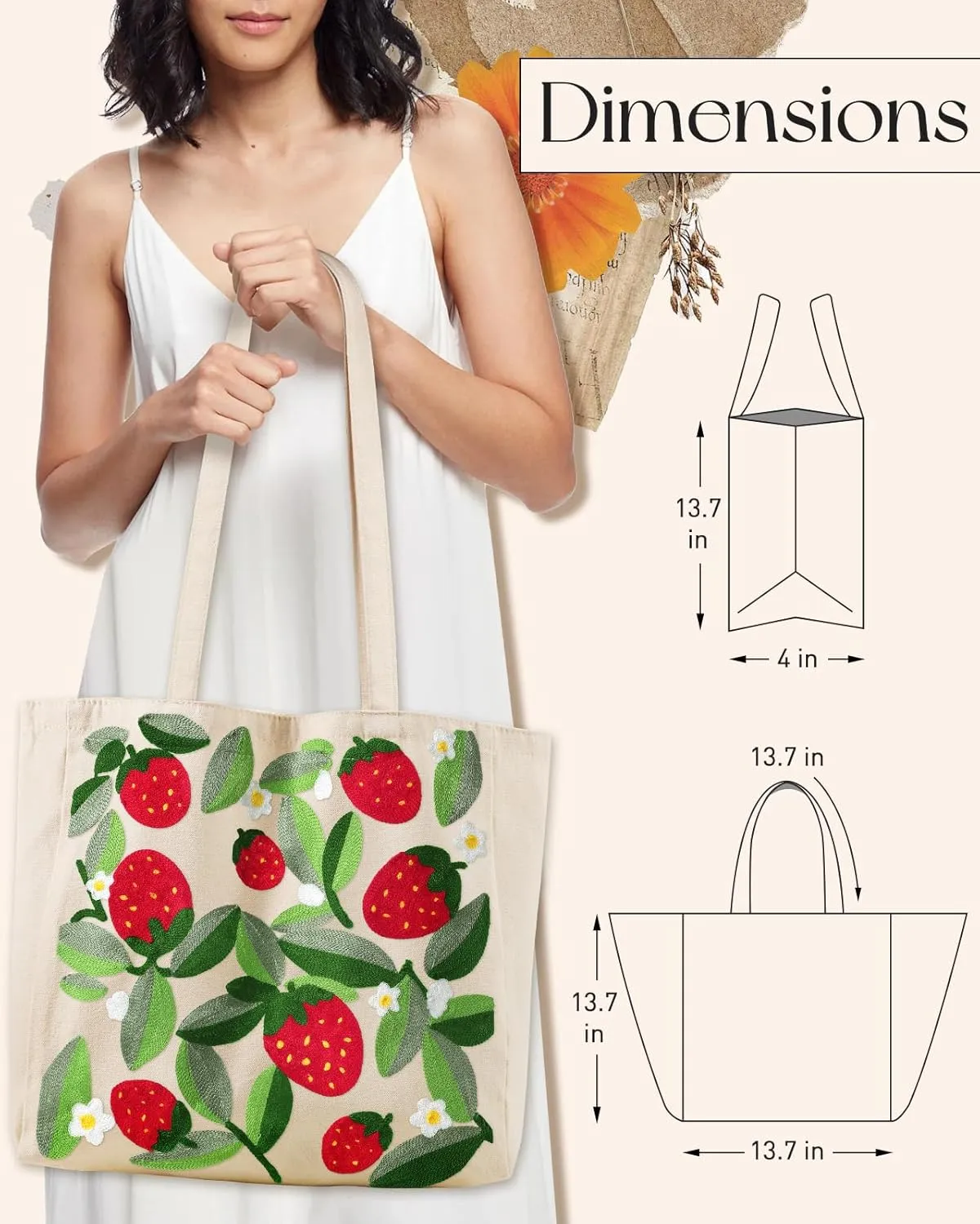 Aesthetic Embroidery Tote Bag for Women - Reusable Canvas Cute Shoulder Bag for Shopping, Grocery, Work, Book