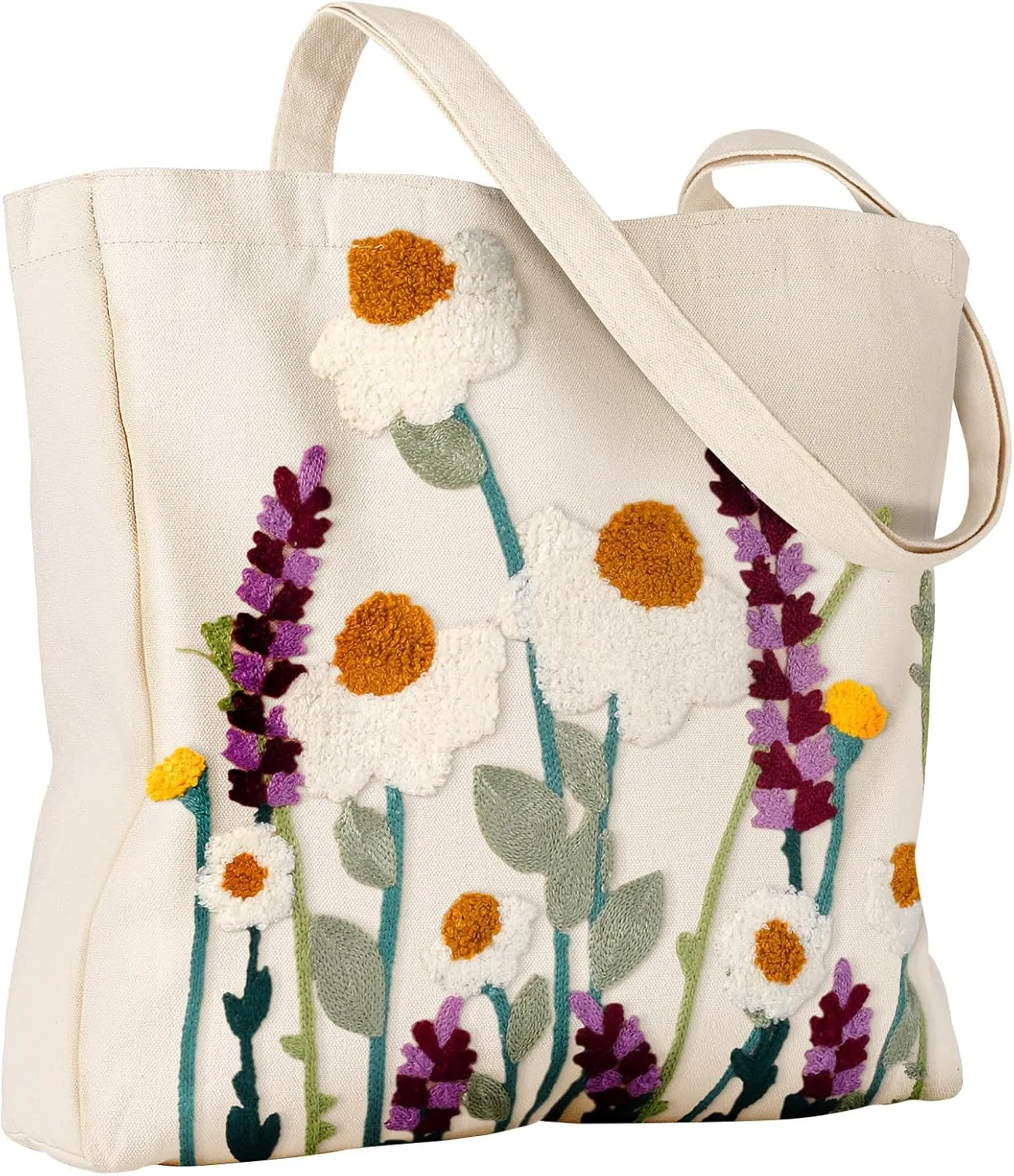 Aesthetic Embroidery Tote Bag for Women - Reusable Canvas Cute Shoulder Bag for Shopping, Grocery, Work, Book
