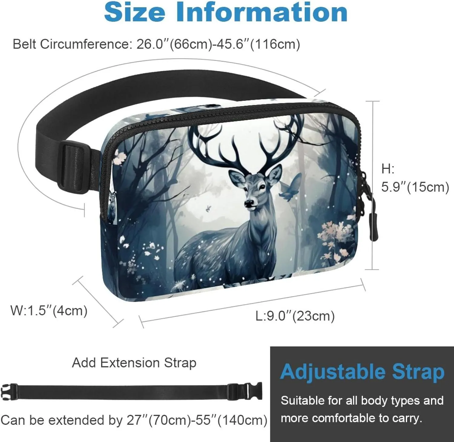 Aesthetic Watercolor Deer Unisex Style Fanny Pack: Fashion Waist Packs, Crossbody Bags Sport Slim Fashionable for Jogging Hiking Hiker Woman Man, 1.5x9.0x5.9in/4x23x15cm