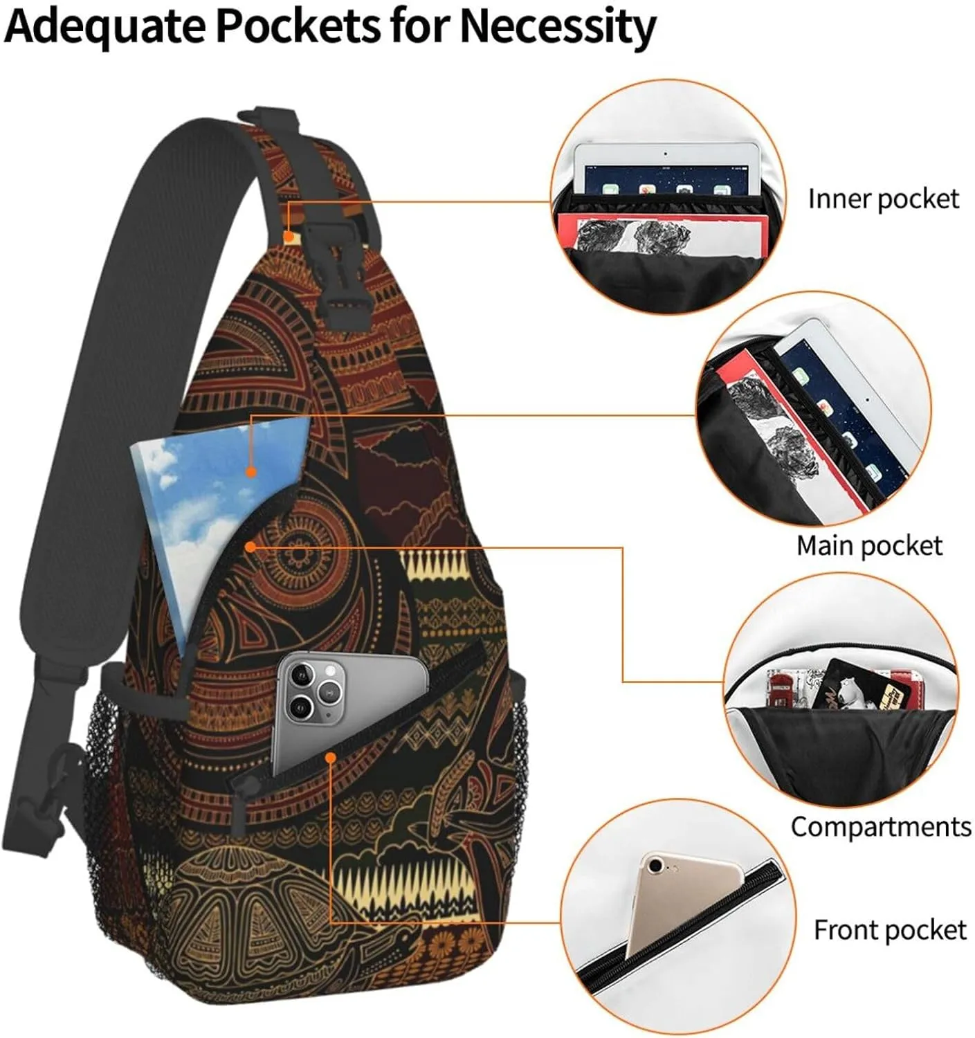 African Crossbody Sling Bag Backpack Adjustable African Tribe Bags for Women Men Travel Hiking Daypack