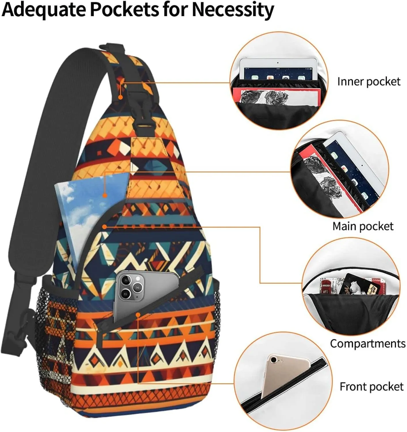 African National Patterns Print Sling Backpack, Sling Bag, Crossbody Chest Bag Daypack, for Hiking Travel