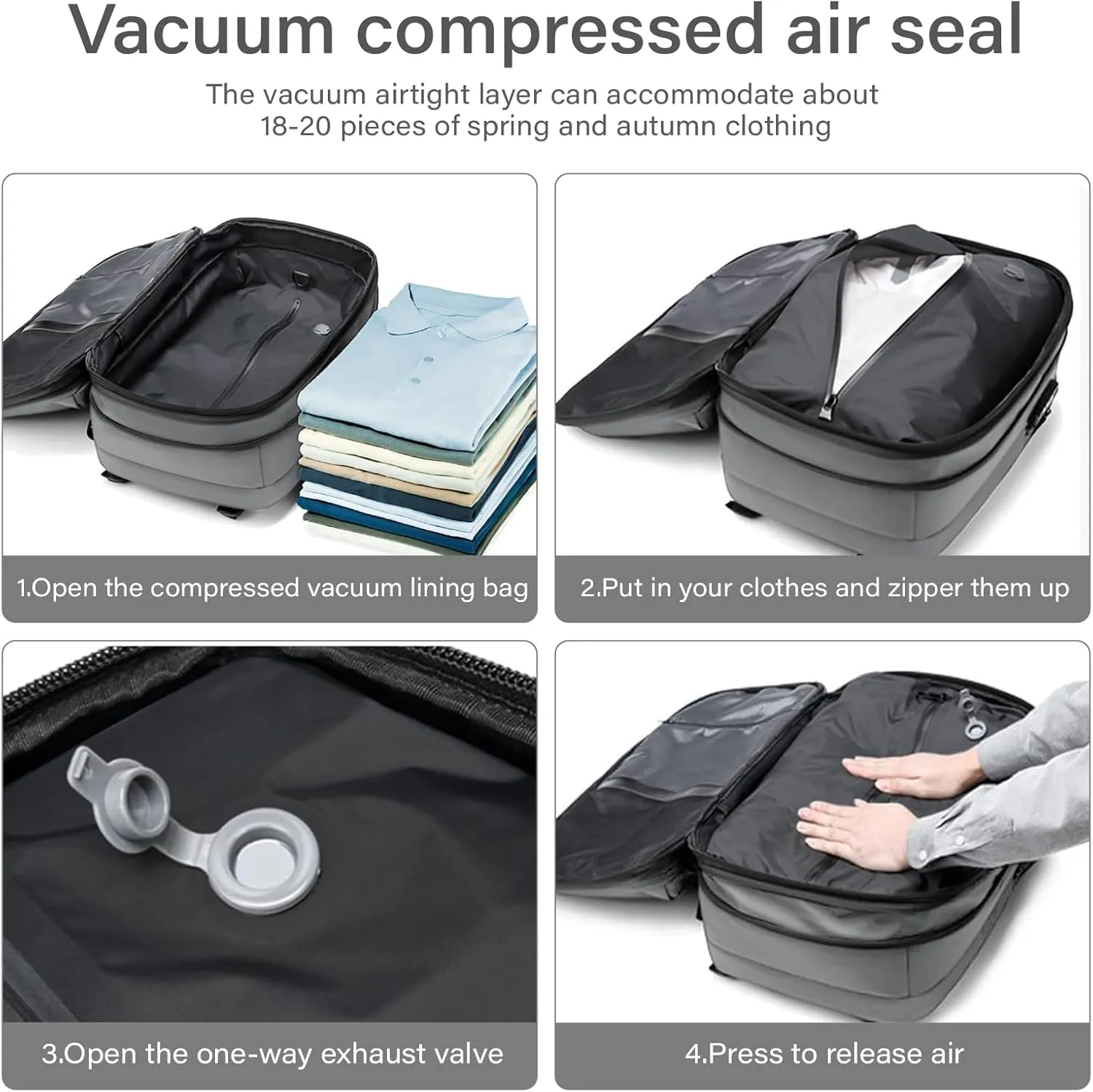 Airback Backpack,60L Expandable Vacuum Backpack Travel with TSA Lock,17.3 inch Laptop Backpack Vacpack Backpack with Vacuum(Grey,Without Air Pump)