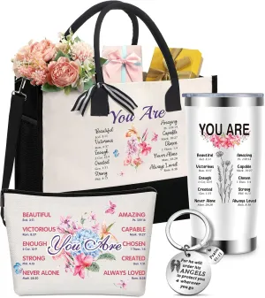 Aliceset 4 Pcs Christian Gifts for Women Include Inspiration Religious Tote Bag 20 oz Stainless Steel Tumbler Bible Verse Keychain Catholic Makeup Bag Birthday Gifts for Women(Floral)