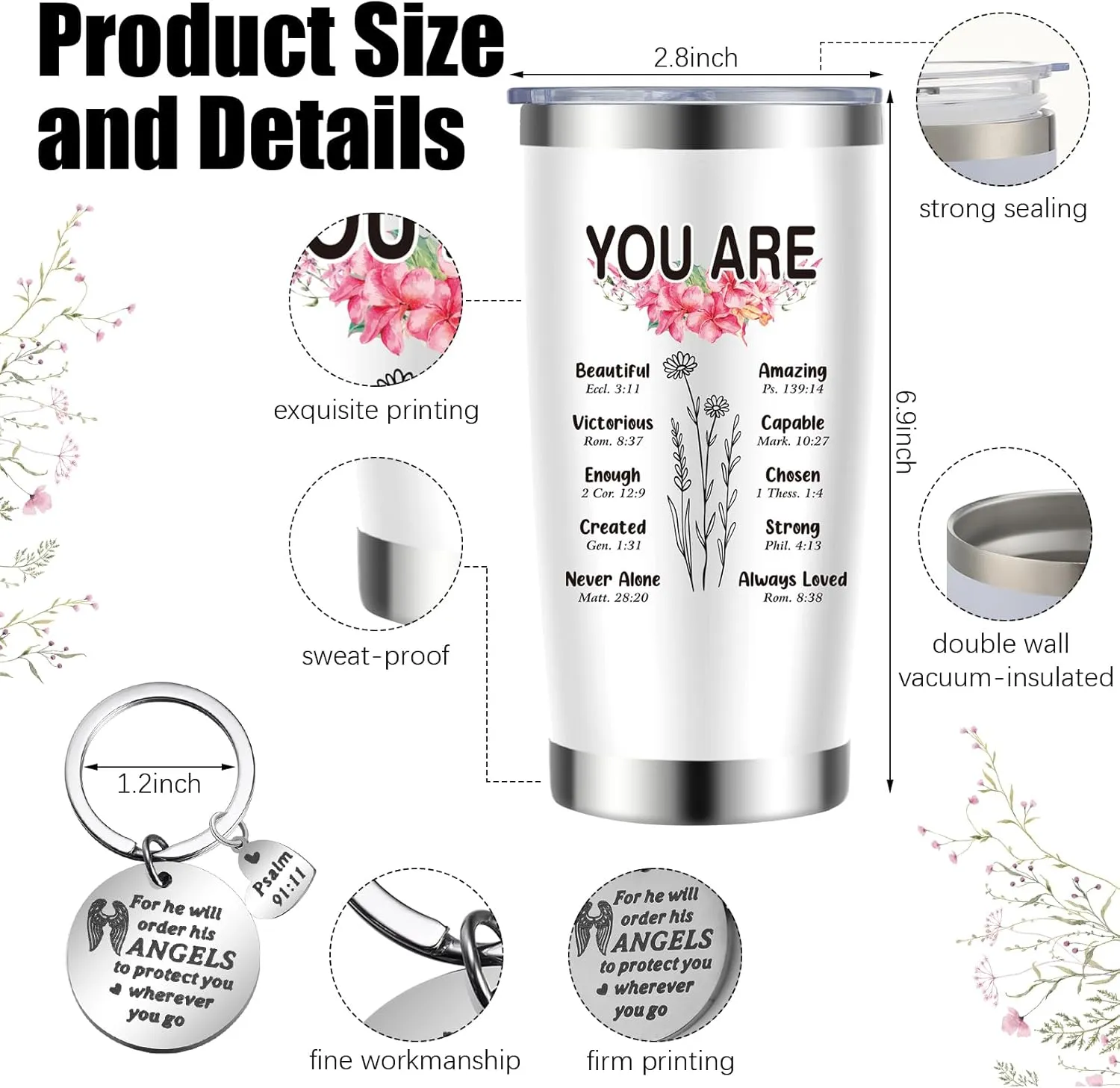 Aliceset 4 Pcs Christian Gifts for Women Include Inspiration Religious Tote Bag 20 oz Stainless Steel Tumbler Bible Verse Keychain Catholic Makeup Bag Birthday Gifts for Women(Floral)