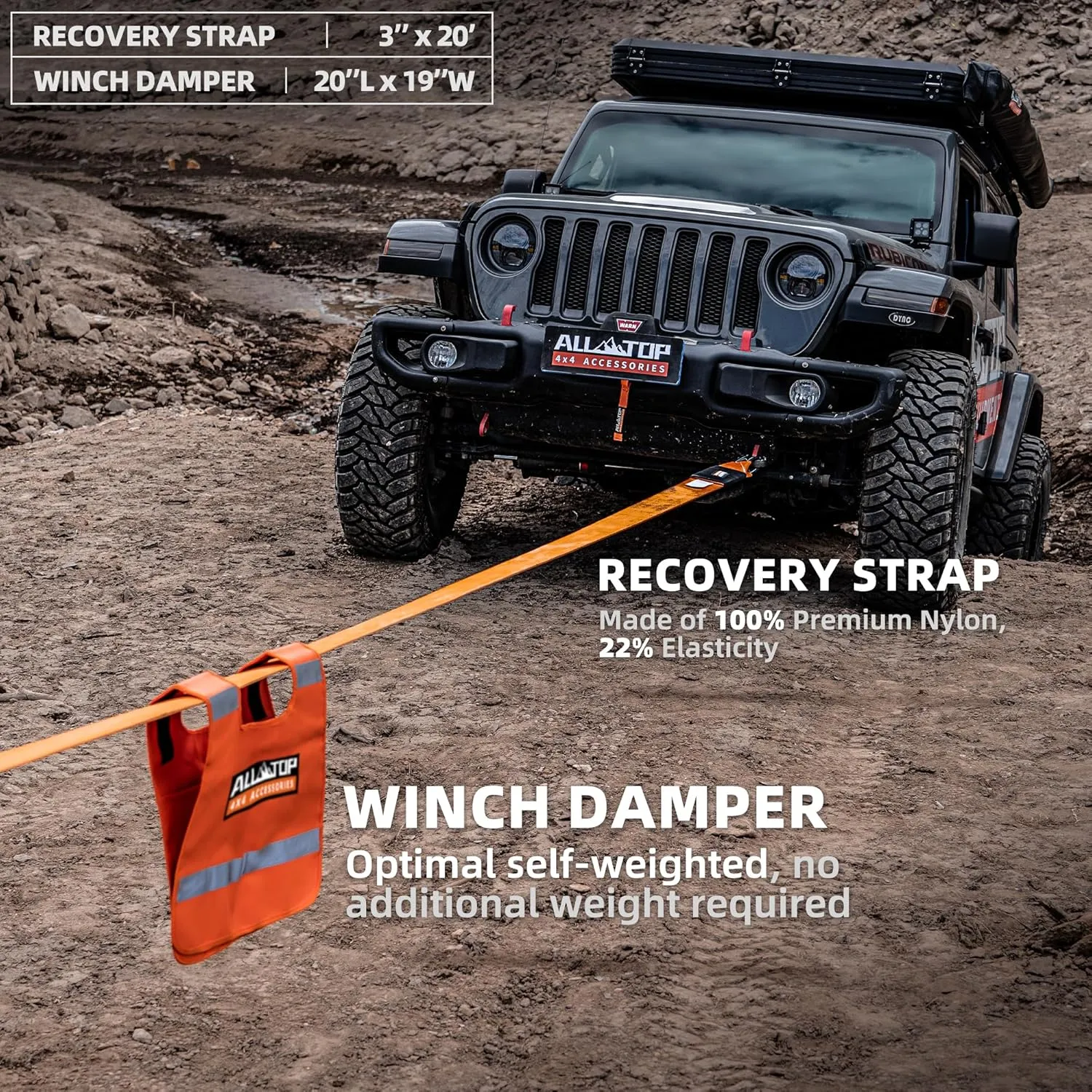 ALL-TOP Recovery Pack Pro 11in1: Water-Resist Offroad Gear Bag with Recovery Strap Kit(3), Damper, 2 Soft Shackles, SS Hitch Mount, Recovery Ring, Deflator & Gloves