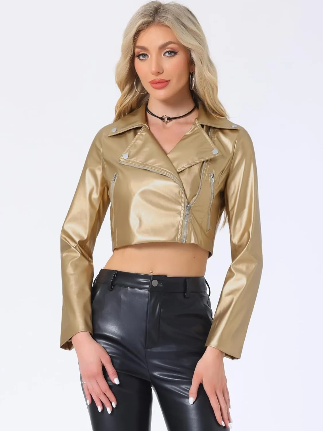 Allegra K Women's Faux Leather Long Sleeve Zipper Up Moto Cropped Jacket