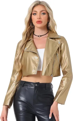 Allegra K Women's Faux Leather Long Sleeve Zipper Up Moto Cropped Jacket