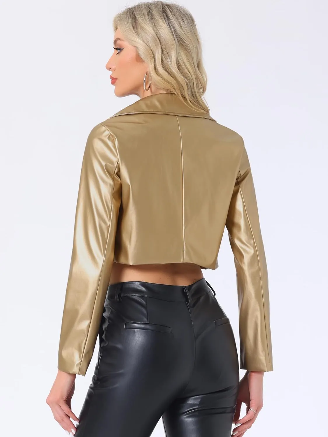 Allegra K Women's Faux Leather Long Sleeve Zipper Up Moto Cropped Jacket