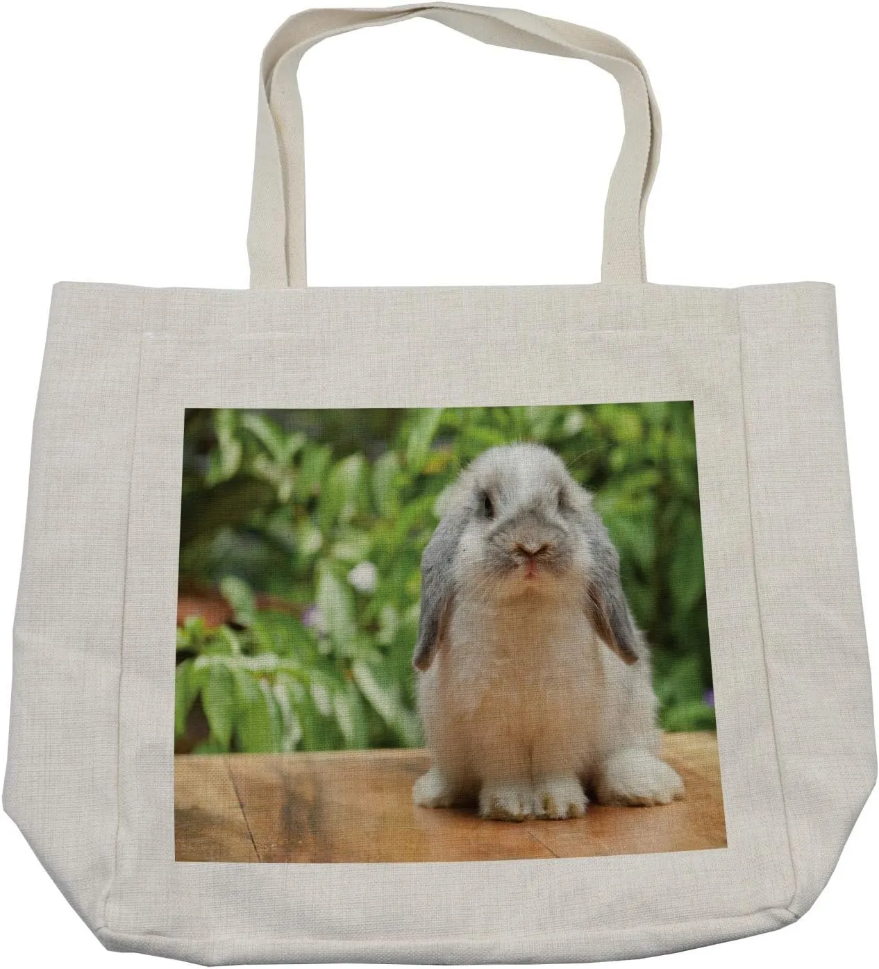 Ambesonne Bunny Shopping Bag, Photo of a Holland Lop Rabbit Standing on a Wooden Board Green Plants at Background, Eco-Friendly Reusable Bag for Groceries Beach and More, 15.5" X 14.5", Cream