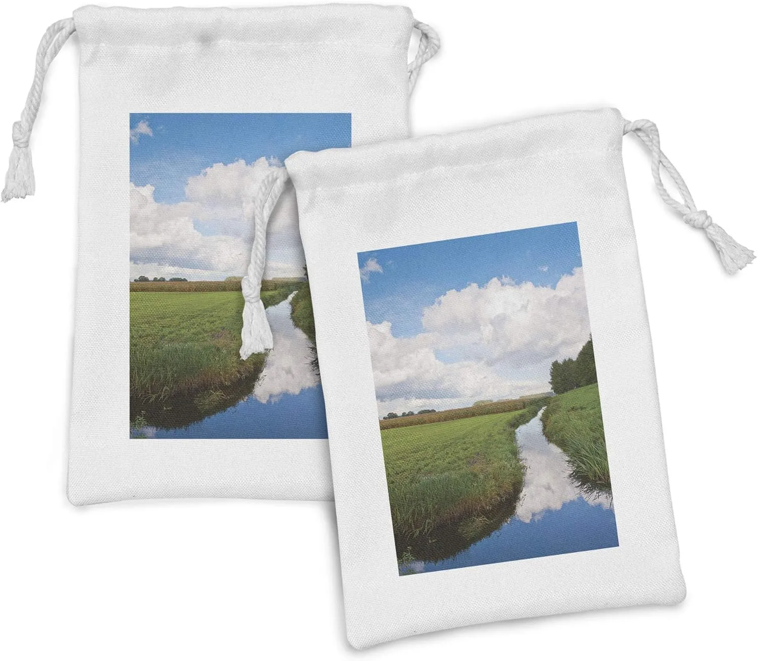 Ambesonne Landscape Fabric Pouch Set of 2, Reflective Calm River Scenery Meadow Grass Clouds Wildflowers Trees Shrubs, Small Drawstring Bag for Toiletries Masks and Favors, 9" x 6", Green Blue White