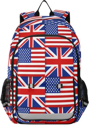 America and United Kingdom Flags Backpack Girls Boys Elementary School Bags Bookbags Laptop Backpack Travel Daypack Safe Reflective Stripes